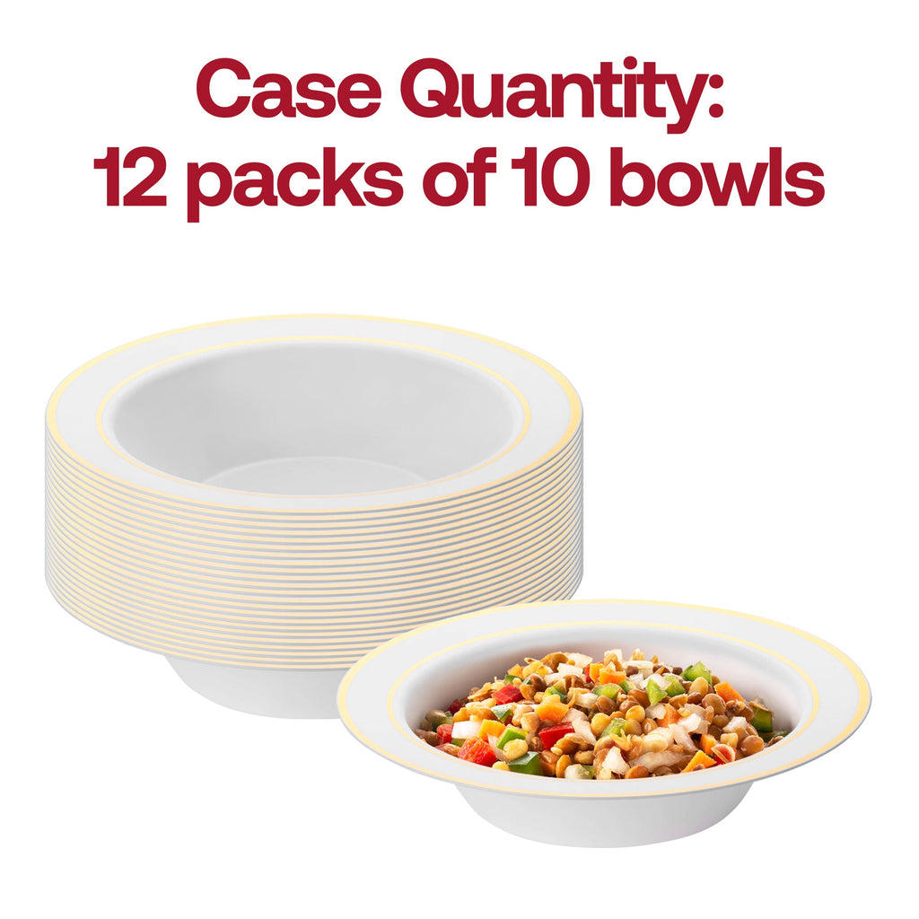 White with Gold Edge Rim Round Disposable Plastic Dessert Bowls (5 oz.)