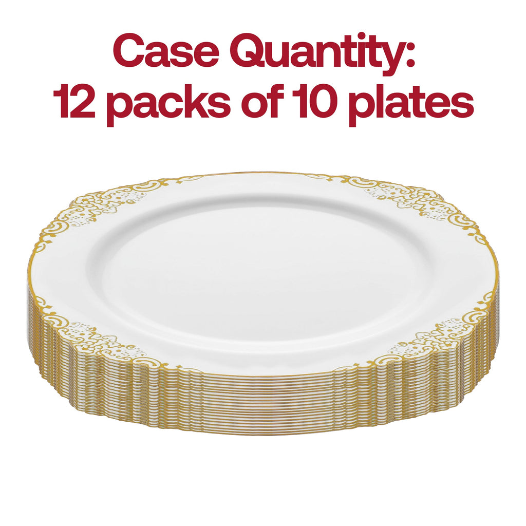 White with Gold Fancy Round Disposable Plastic Dinner Plates (10.25”)