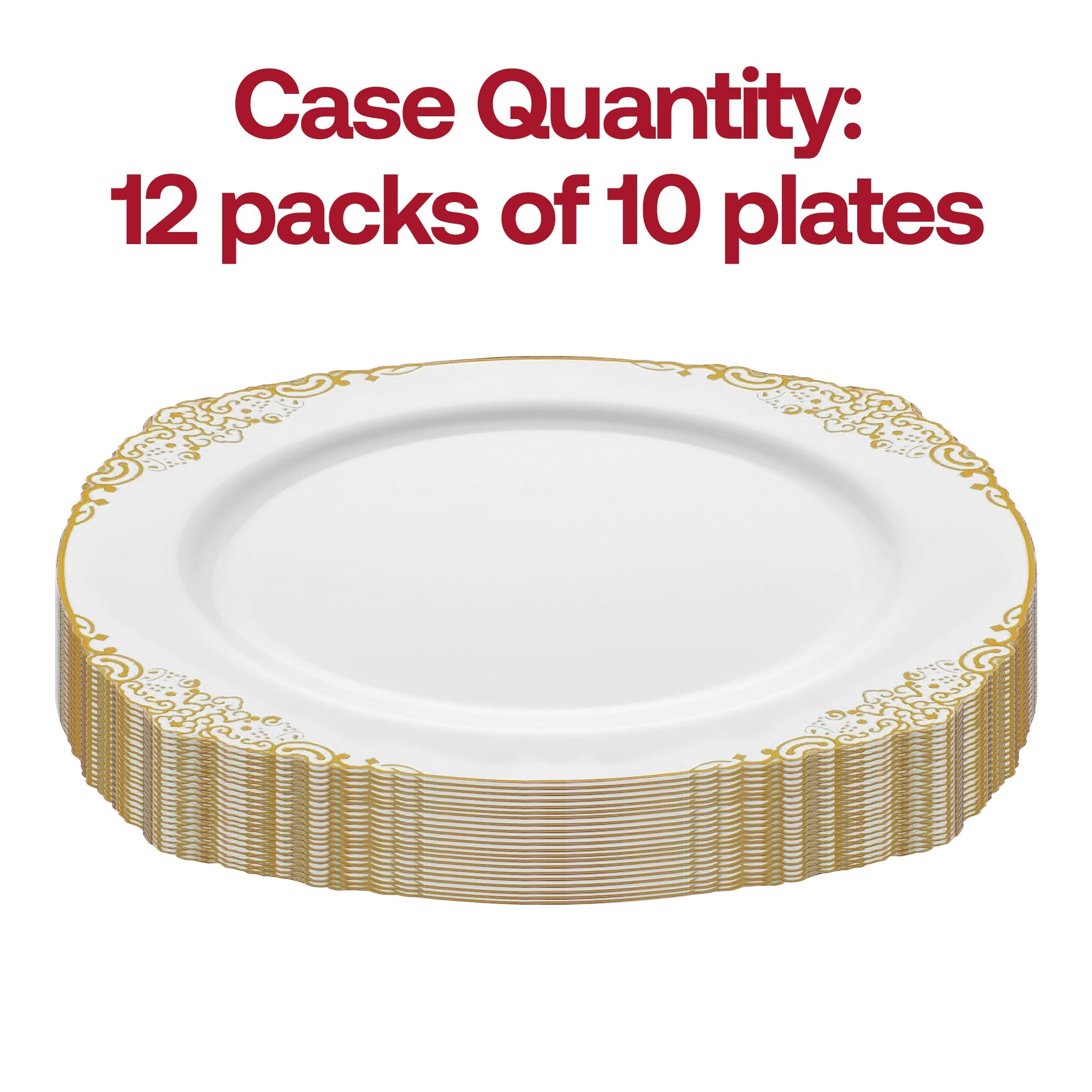 White with Gold Fancy Round Disposable Plastic Dinner Plates (10.25”)