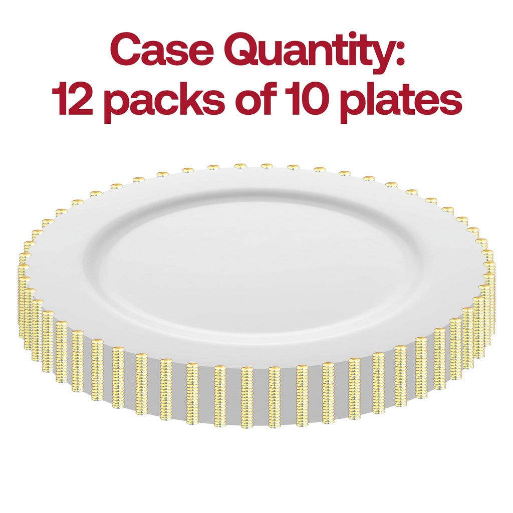 White with Gold Pearl String Round Disposable Plastic Dinner Plates (10”)