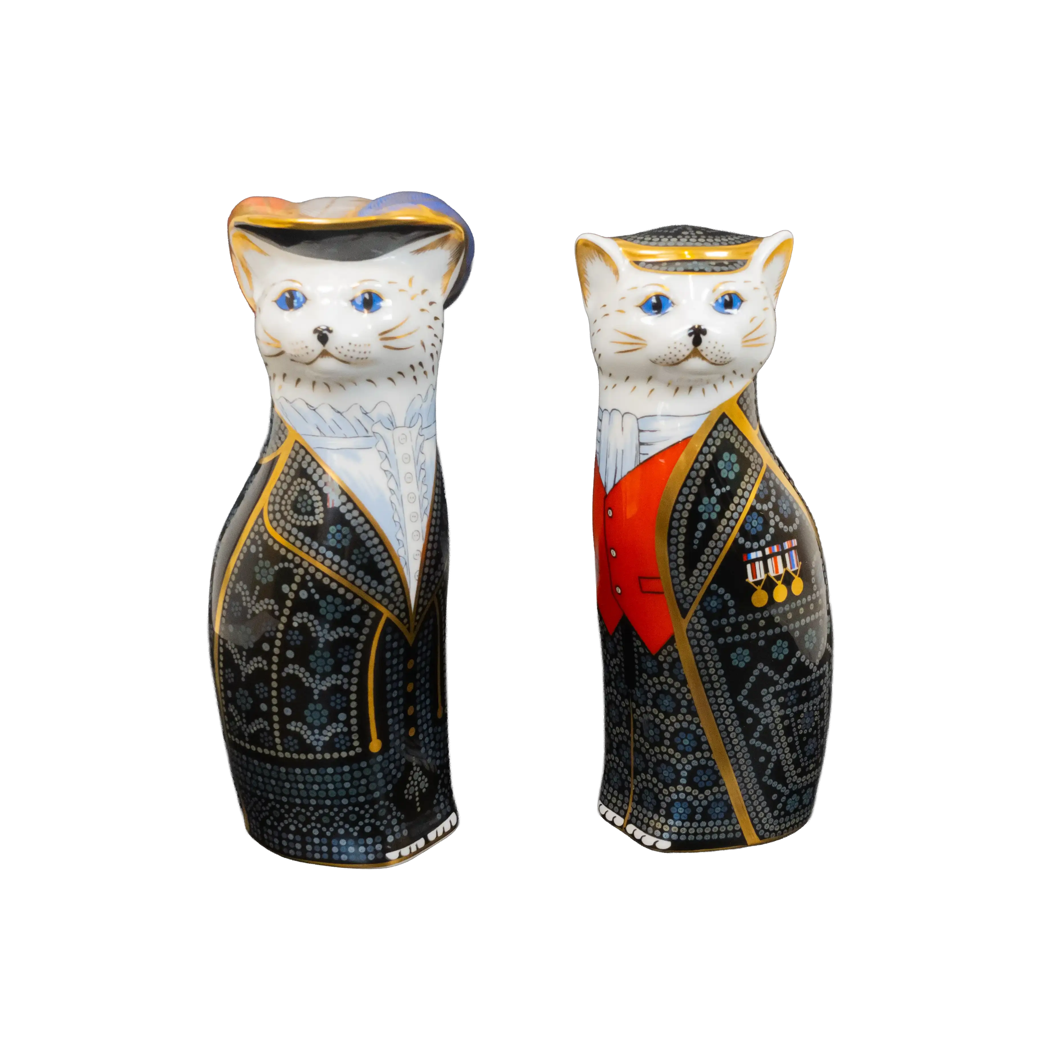 Royal Crown Derby Royal Cats : Pearly King & Queen Paperweights
