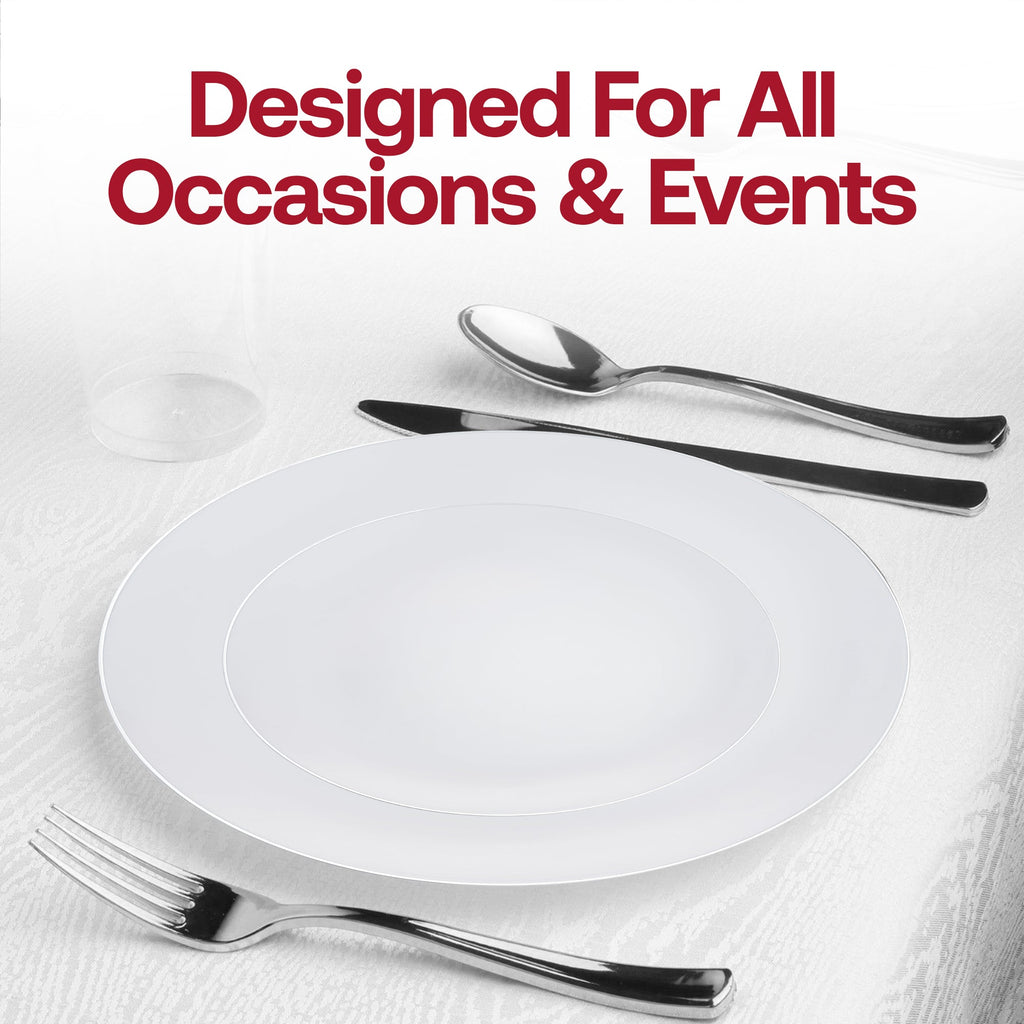 White with Silver Rim Organic Round Disposable Plastic Dinnerware Value Set
