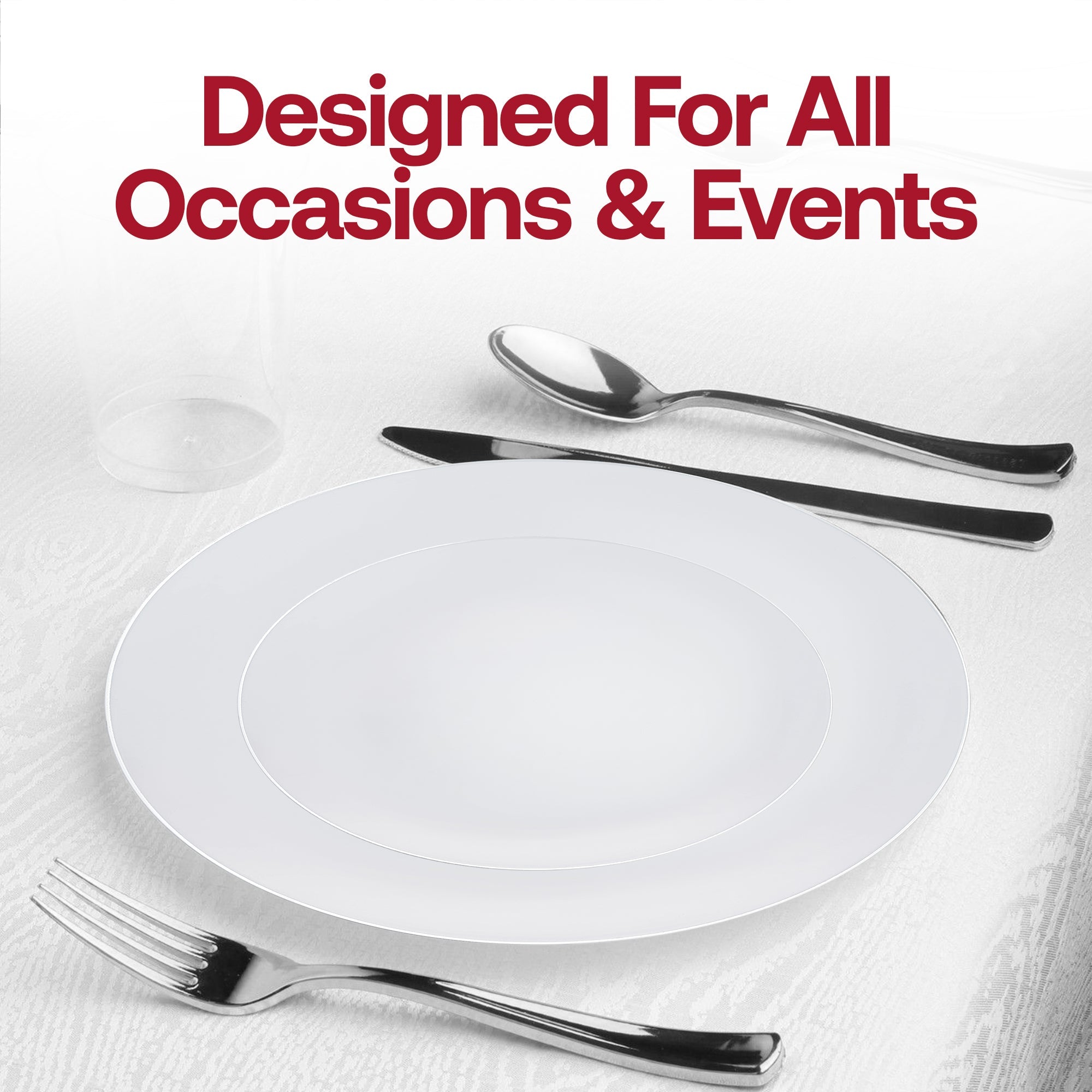 White with Silver Rim Organic Round Disposable Plastic Dinnerware Value Set