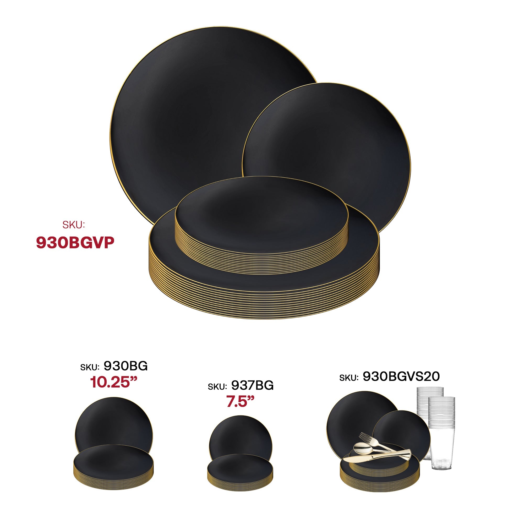 Black with Gold Rim Organic Round Disposable Plastic Dinnerware Value Set