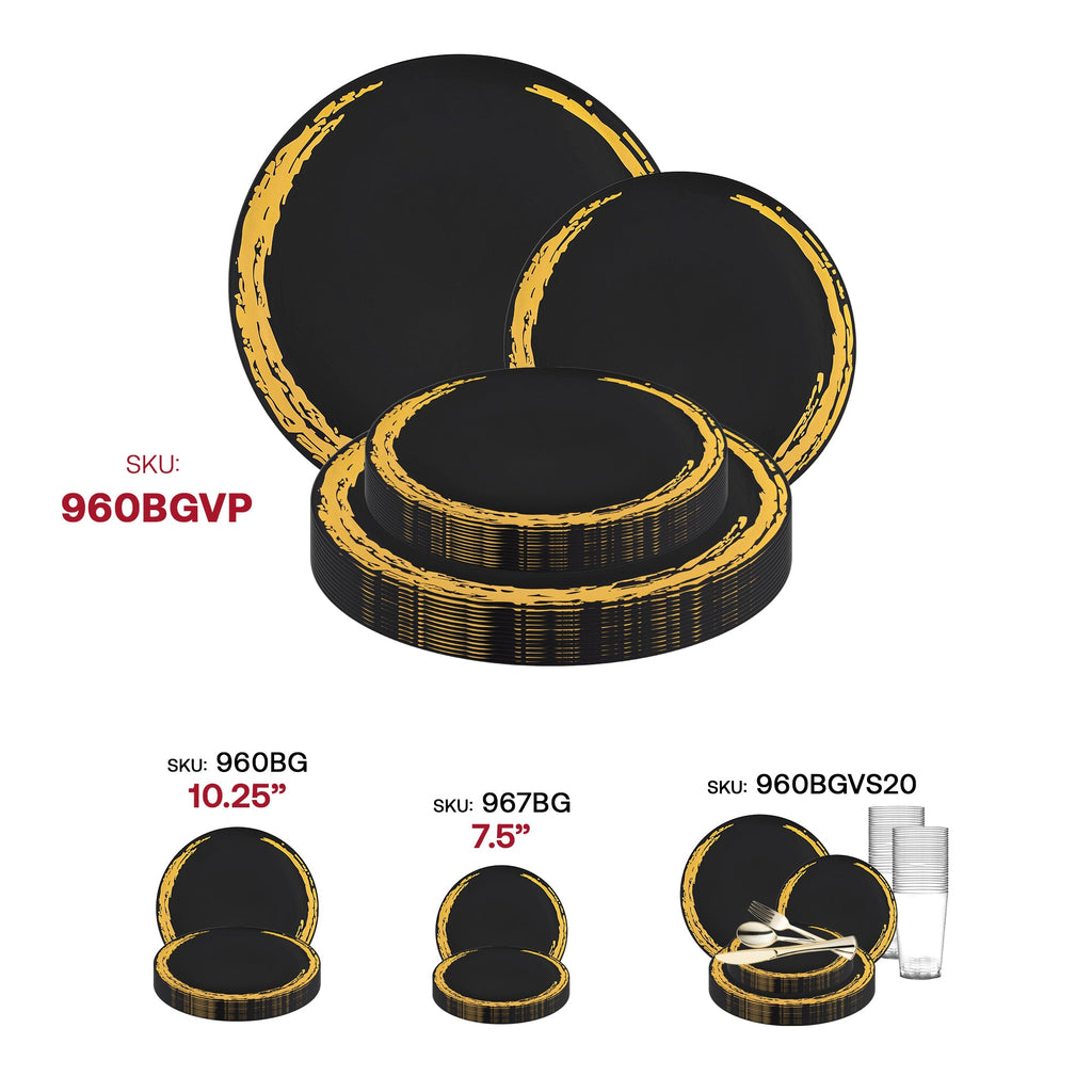 Black with Gold Moonlight Round Disposable Plastic Dinnerware Value Set