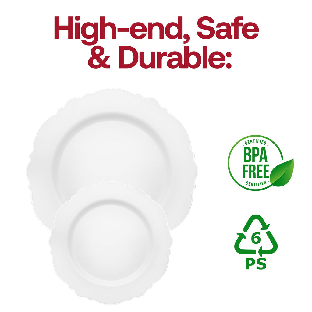White with Silver Rim Round Blossom Disposable Plastic Dinnerware Value Set