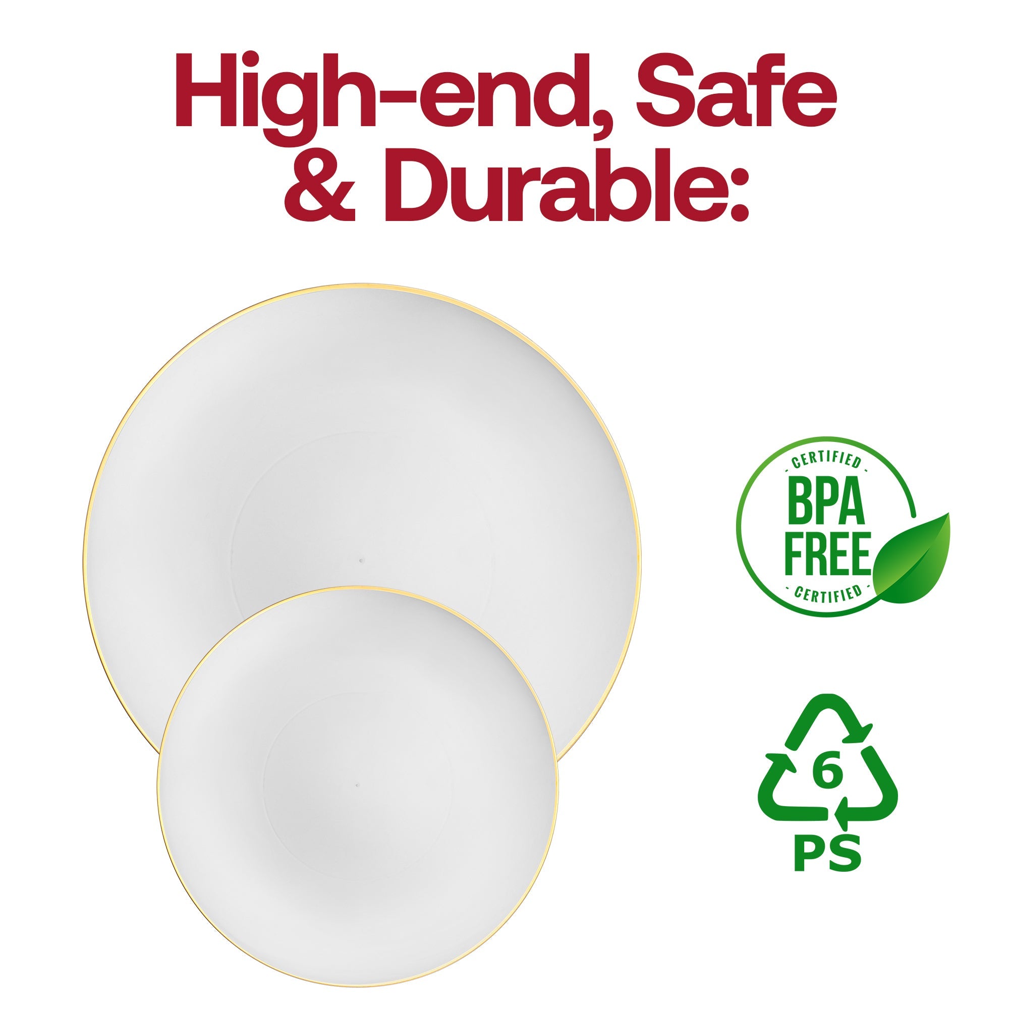 White Plastic Plates with Gold Rim - Organic Round Disposable Plastic Dinnerware Value Set