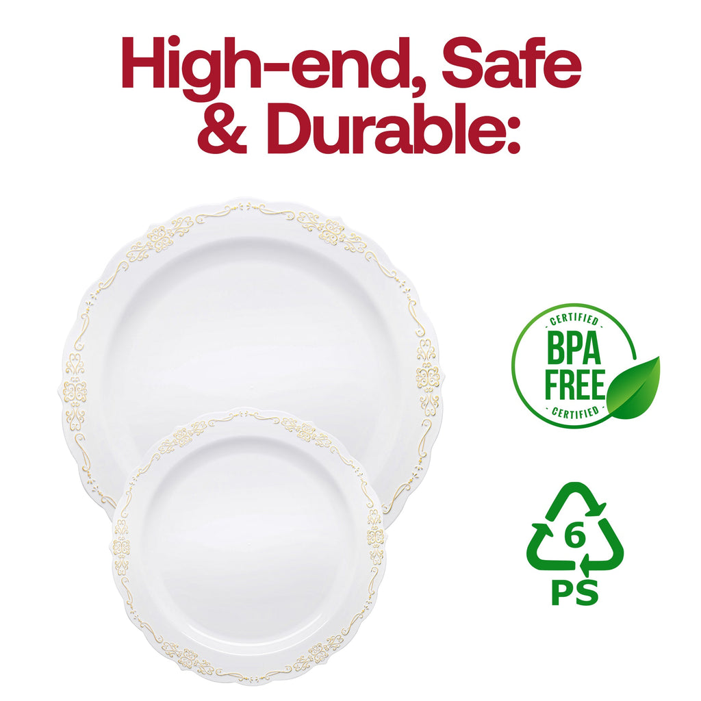 White with Gold Vintage Rim Round Disposable Plastic Dinnerware Value Set