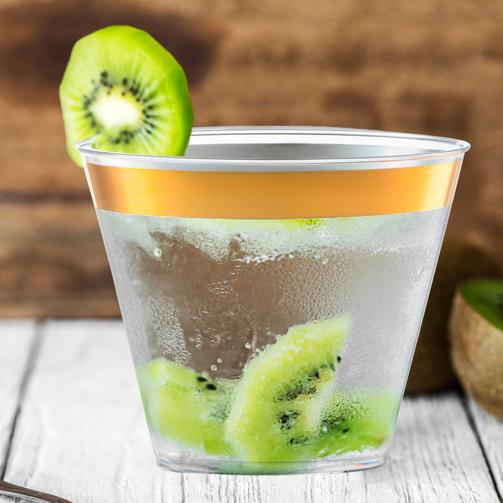 Clear with Metallic Gold Rim Round Disposable Plastic Cups (9 oz. )