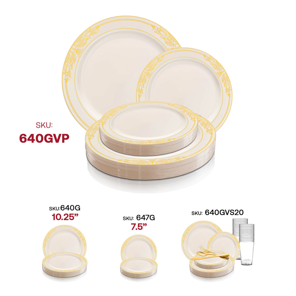 Ivory with Gold Harmony Rim Plastic Dinnerware Value Set