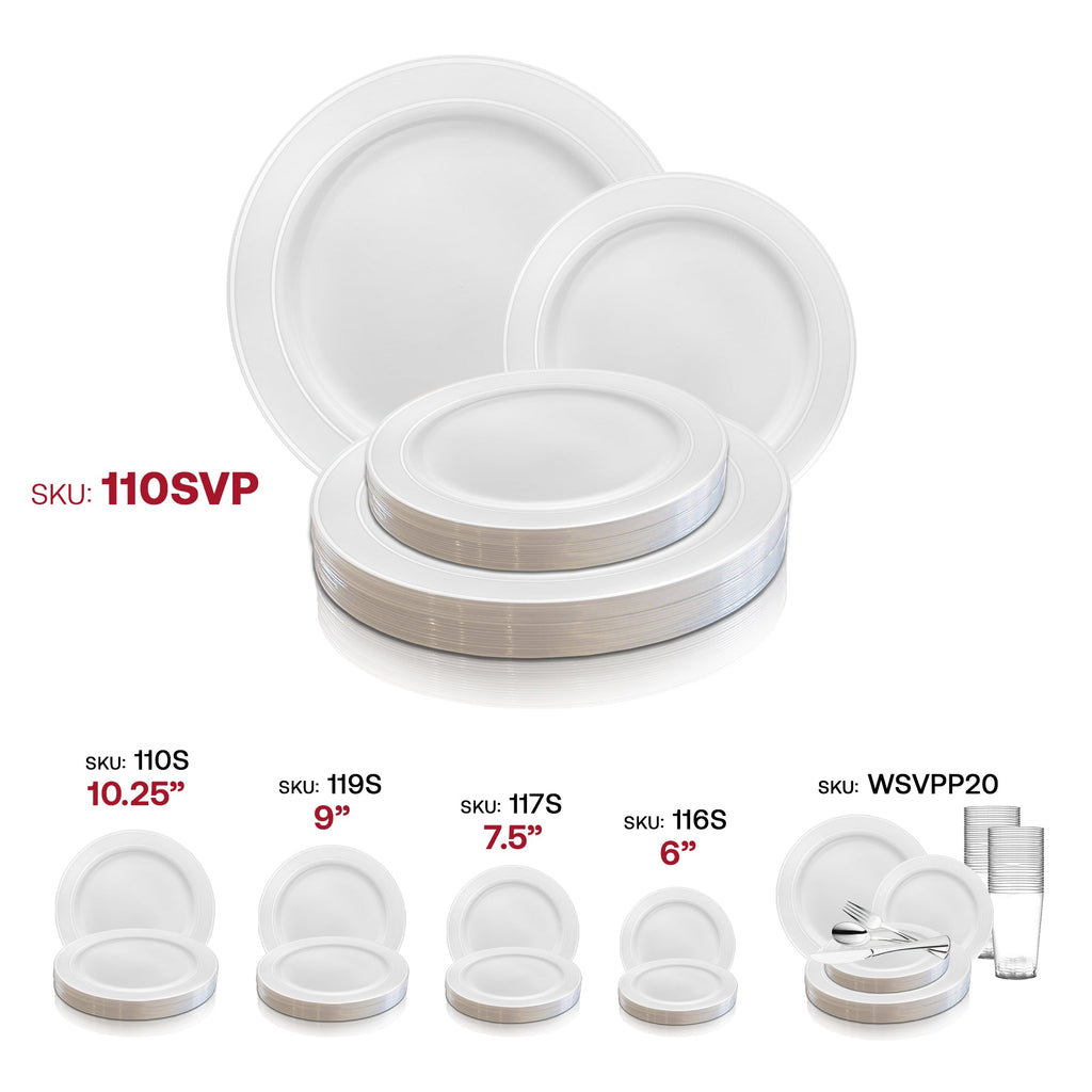 White with Silver Edge Rim Plastic Dinnerware Value Set