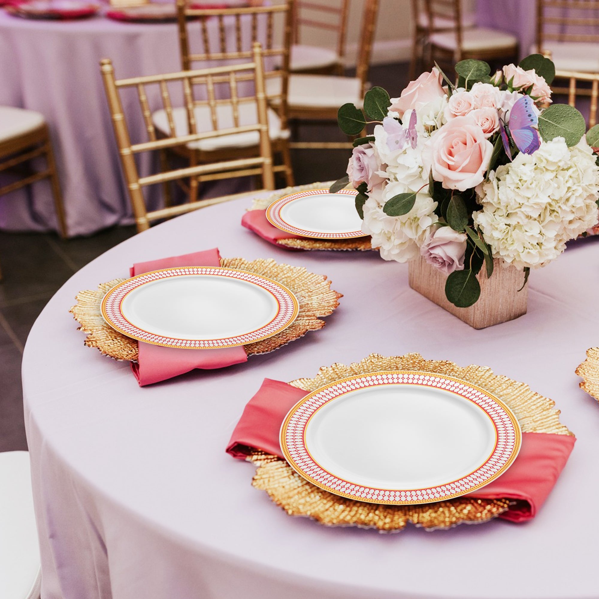 White with Red and Gold Chord Rim Plastic Dinner Plates (10.25")