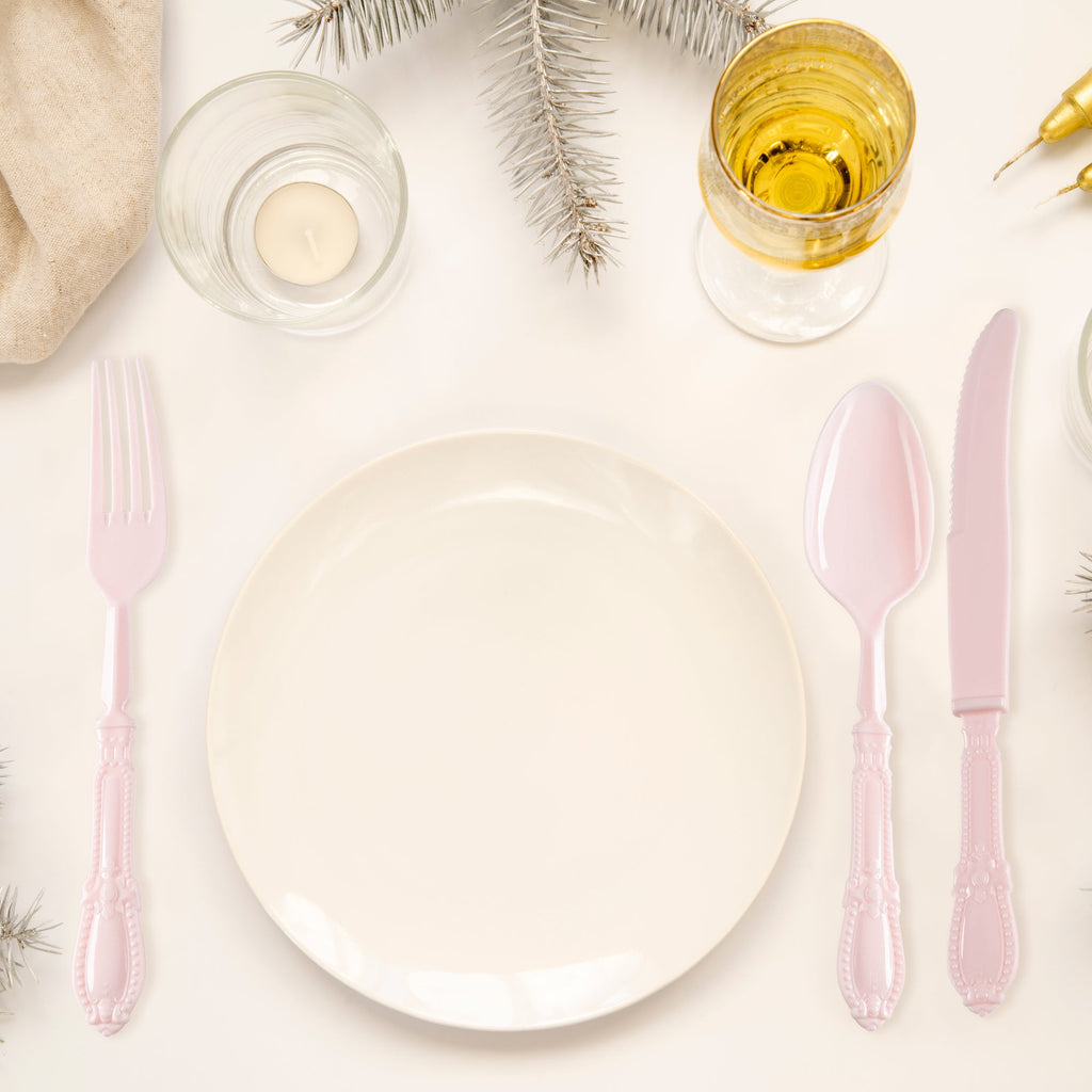 Pink Baroque Disposable Plastic Cutlery Set - 20 Spoons, 20 Forks and 20 Knives