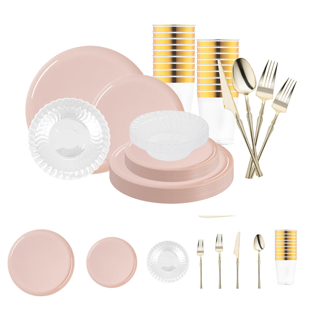 Pink Flat Round Disposable Plastic Tableware Set
