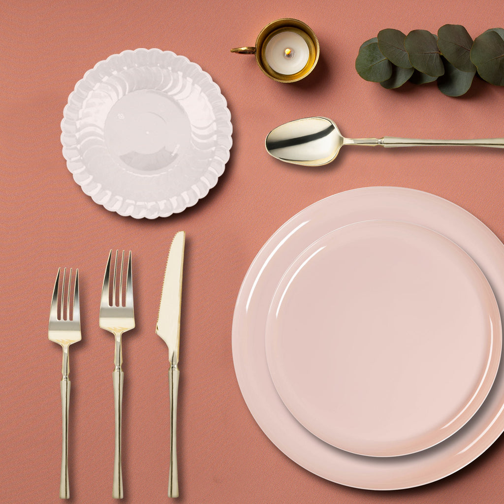 Pink Flat Round Disposable Plastic Tableware Set
