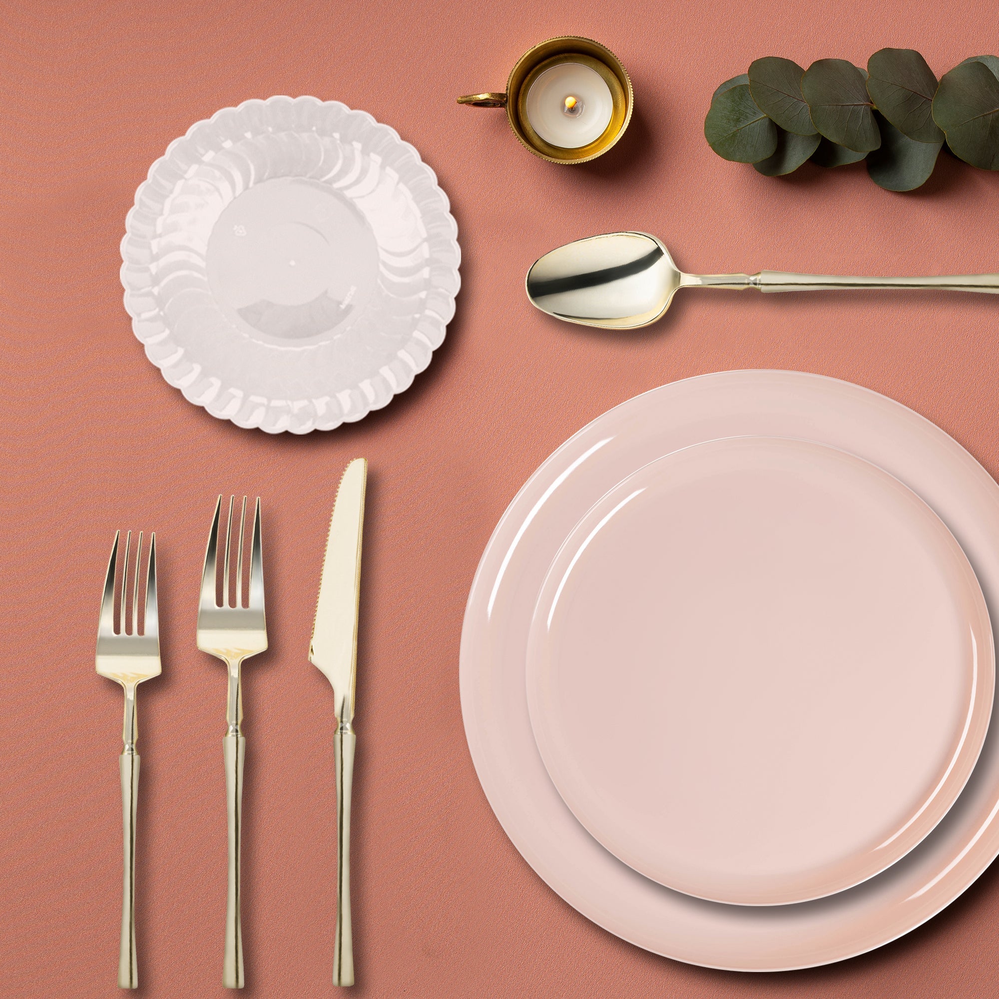 Pink Flat Round Disposable Plastic Tableware Set