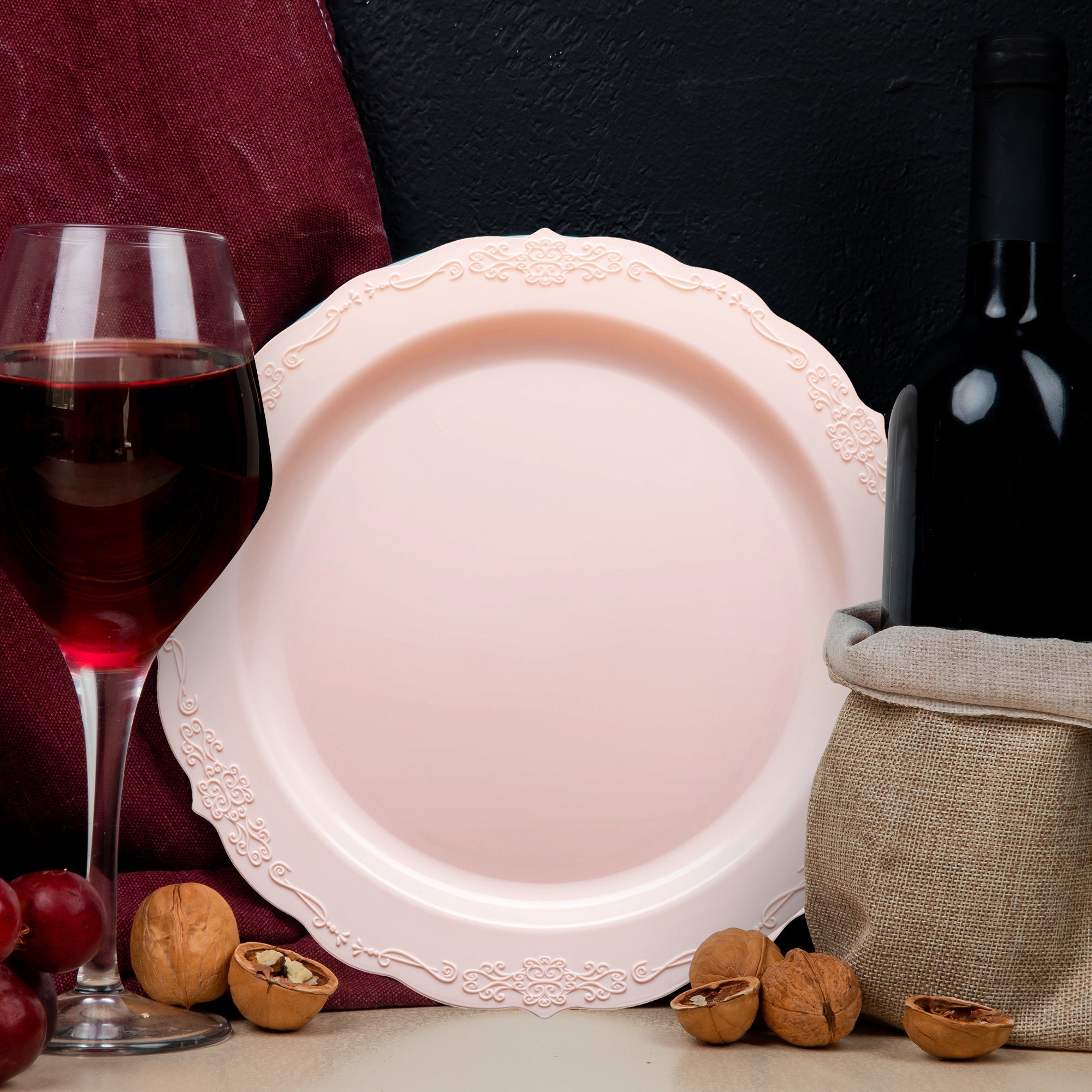 Pink Vintage Round Disposable Plastic Dinner Plates (10")