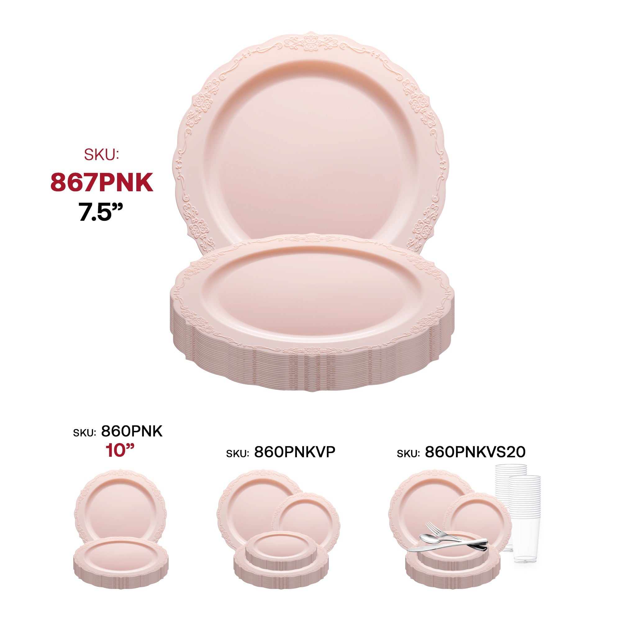 Pink Vintage Round Disposable Plastic Appetizer/Salad Plates (7.5")