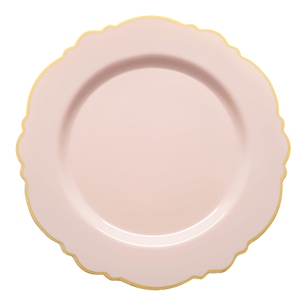 Pink with Gold Rim Round Blossom Disposable Plastic Dinner Plates (10.25")