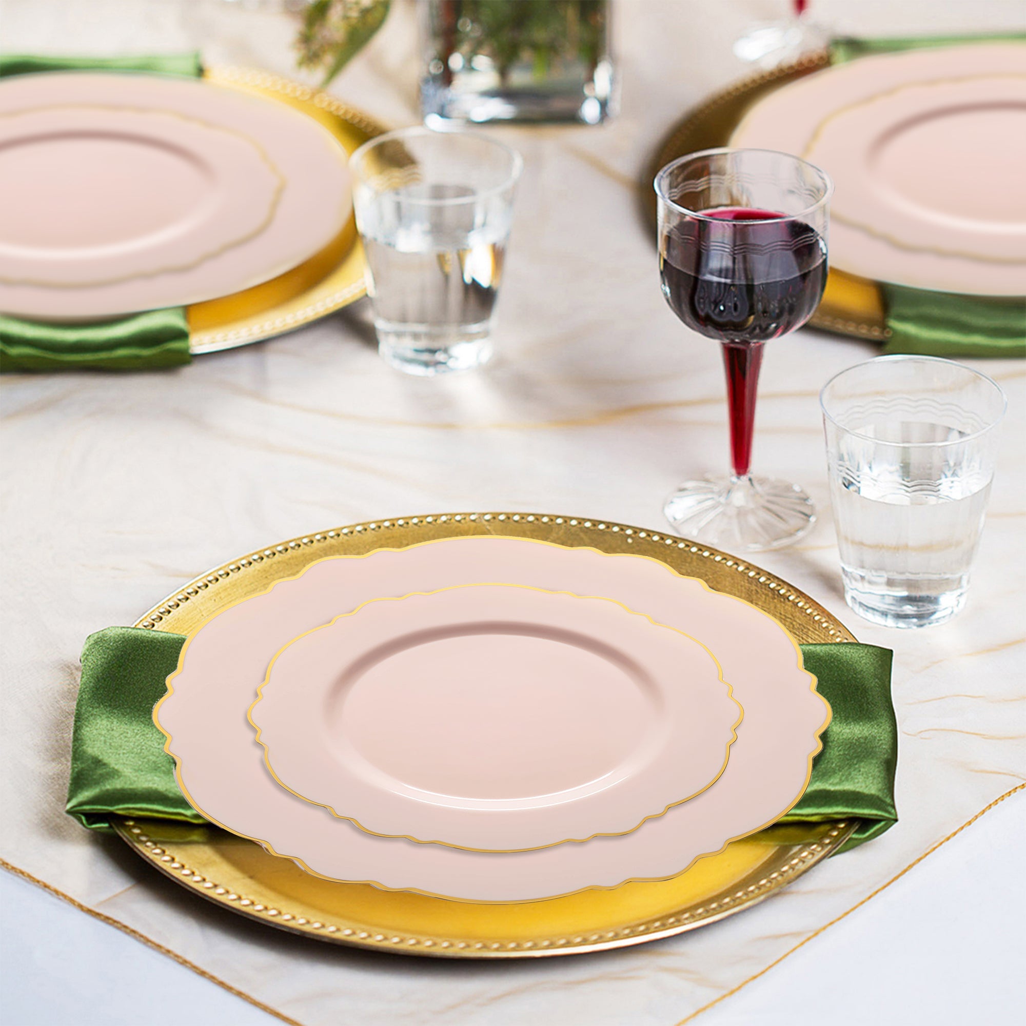 Pink with Gold Rim Round Blossom Disposable Plastic Wedding Value Set