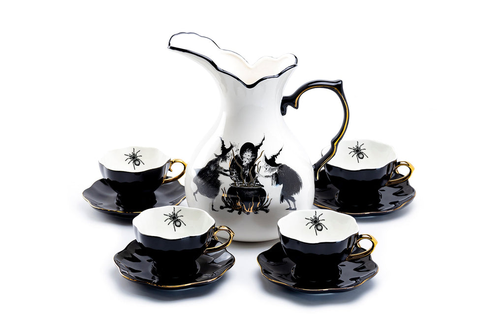 Witches Brew Pitcher + 4 Spider Tea Cup and Saucer Sets