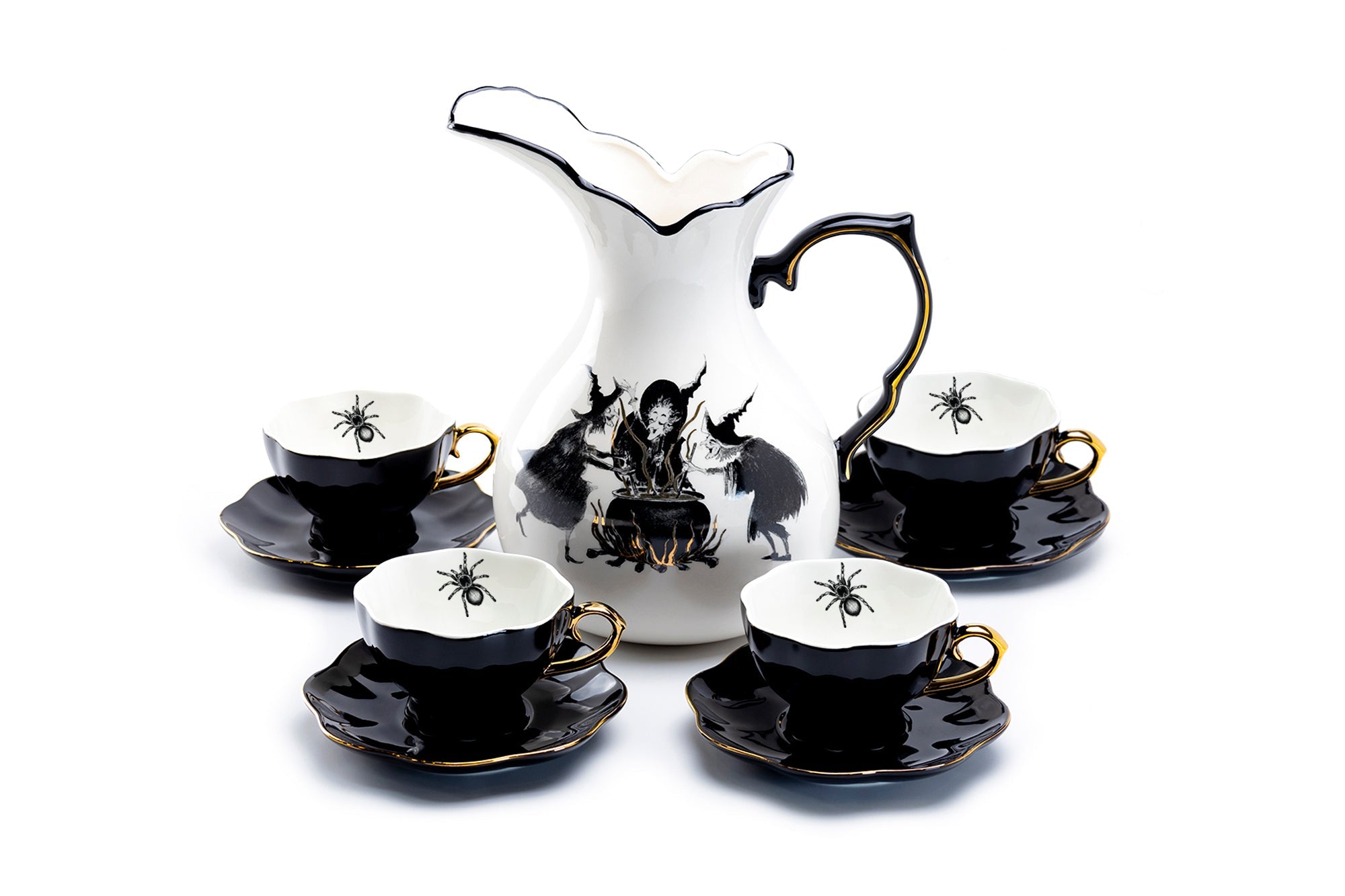 Witches Brew Pitcher + 4 Spider Tea Cup and Saucer Sets