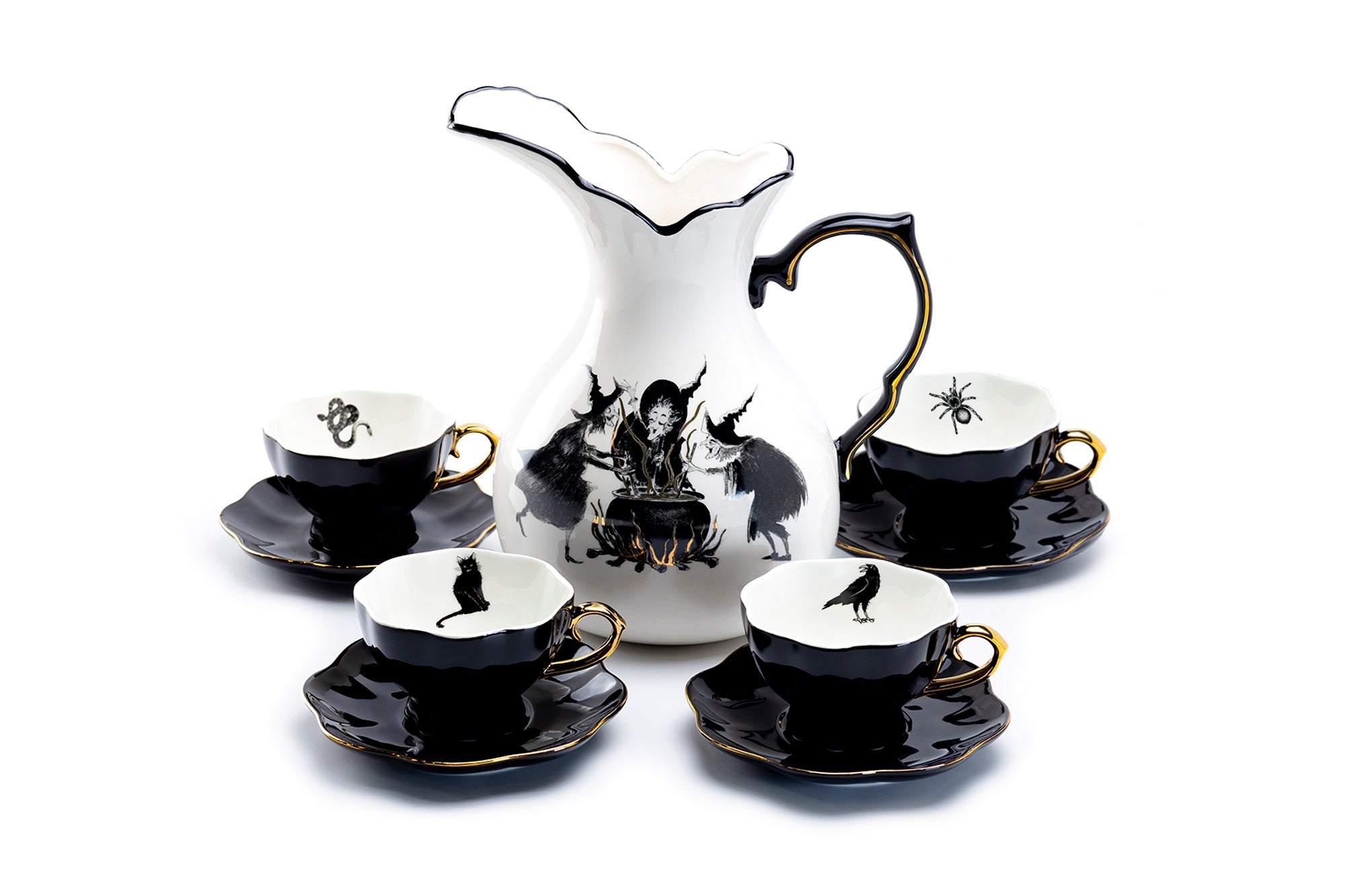 Witches Brew Pitcher + 4 Assorted Halloween Tea Cup and Saucer Sets - Ver. B
