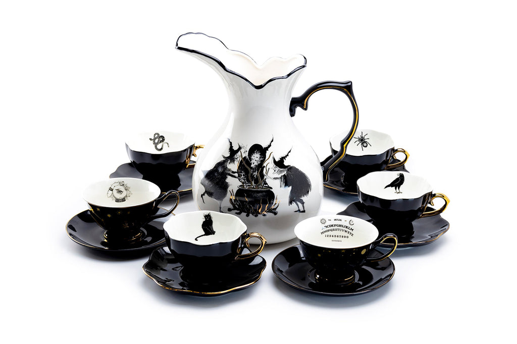 Witches Brew Pitcher + 6 Assorted Halloween Tea Cup and Saucer Sets - Ver. B