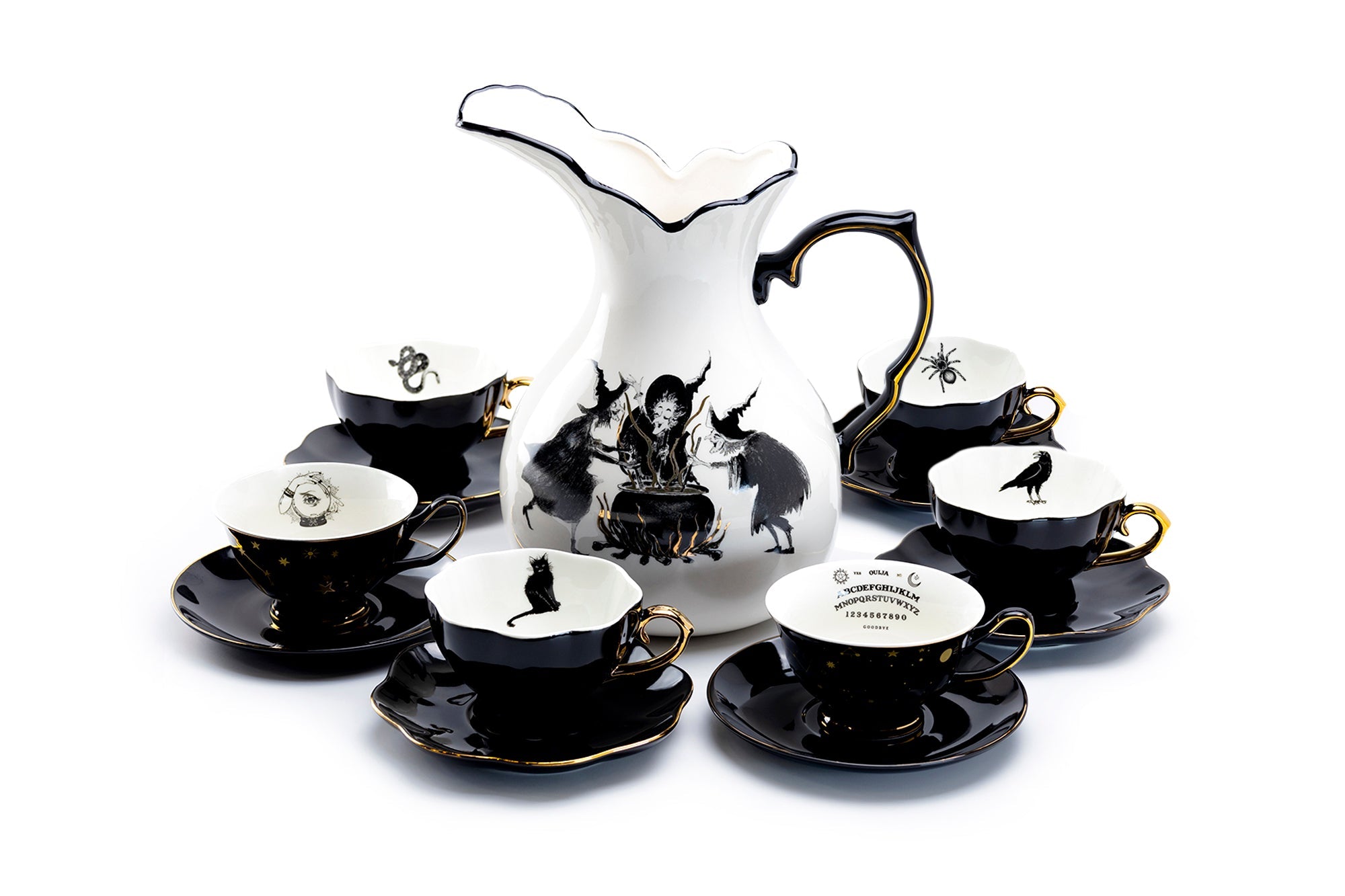 Witches Brew Pitcher + 6 Assorted Halloween Tea Cup and Saucer Sets - Ver. B