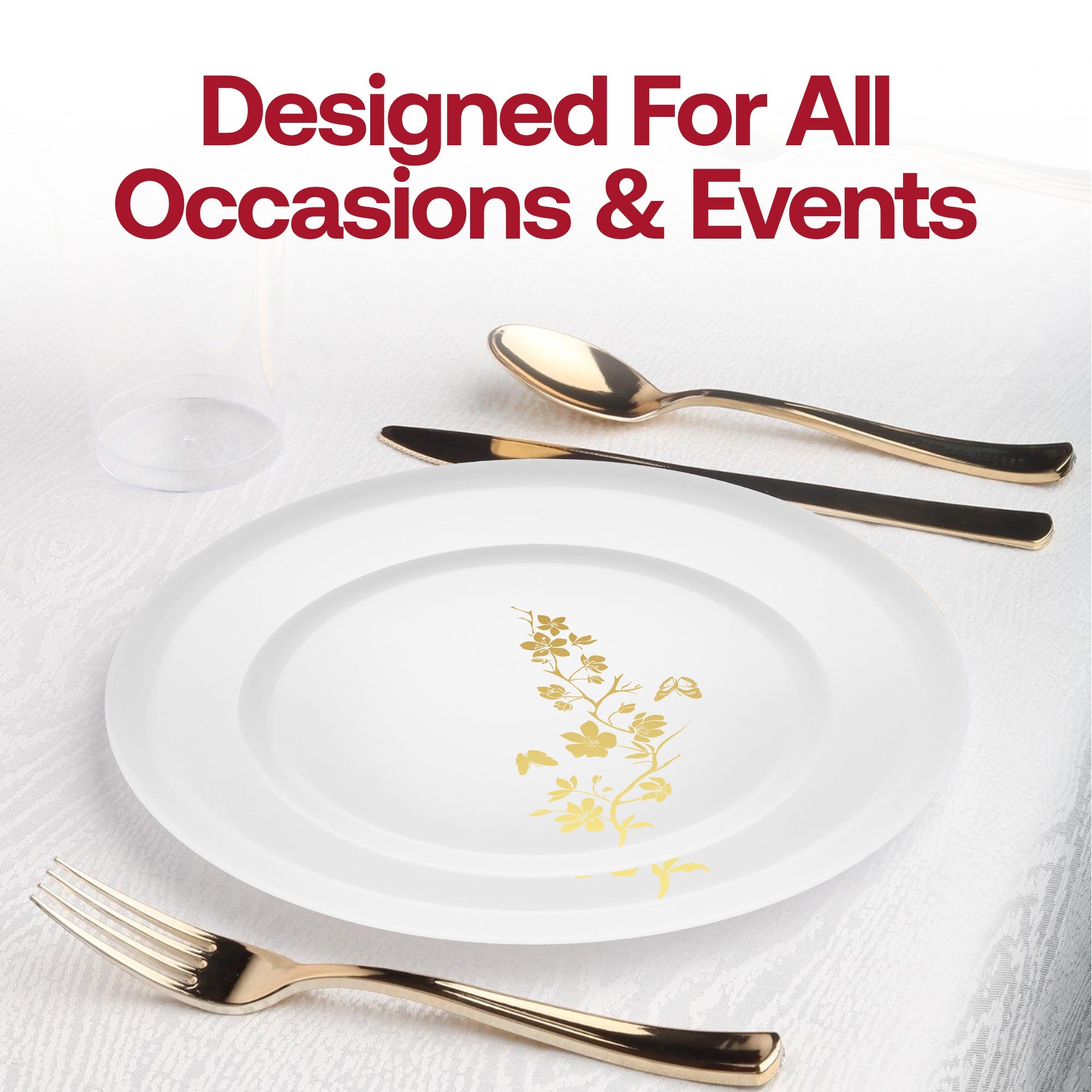 White with Gold Floral Round Plastic Appetizer/Salad Plates (8.5")