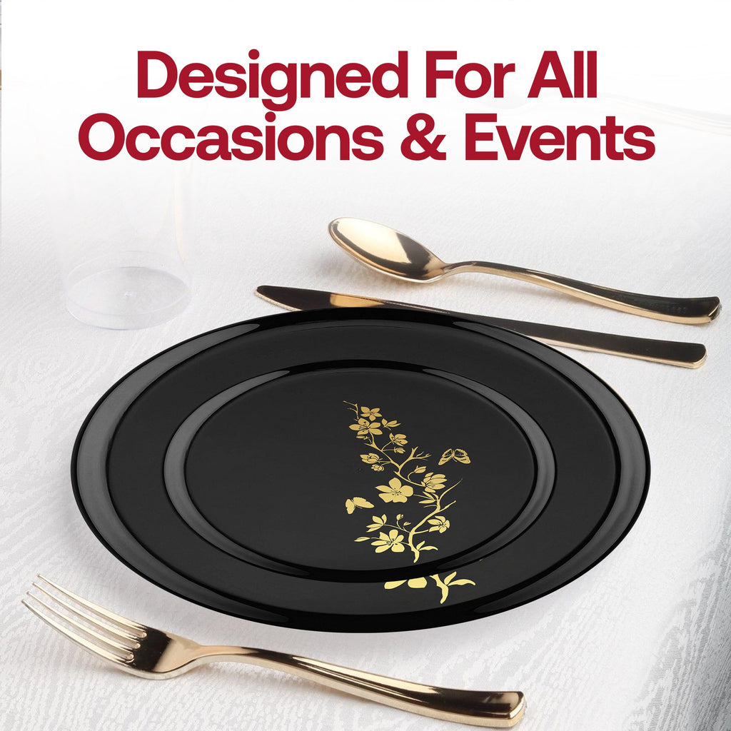 Black with Gold Floral Plastic Dinnerware Value Set