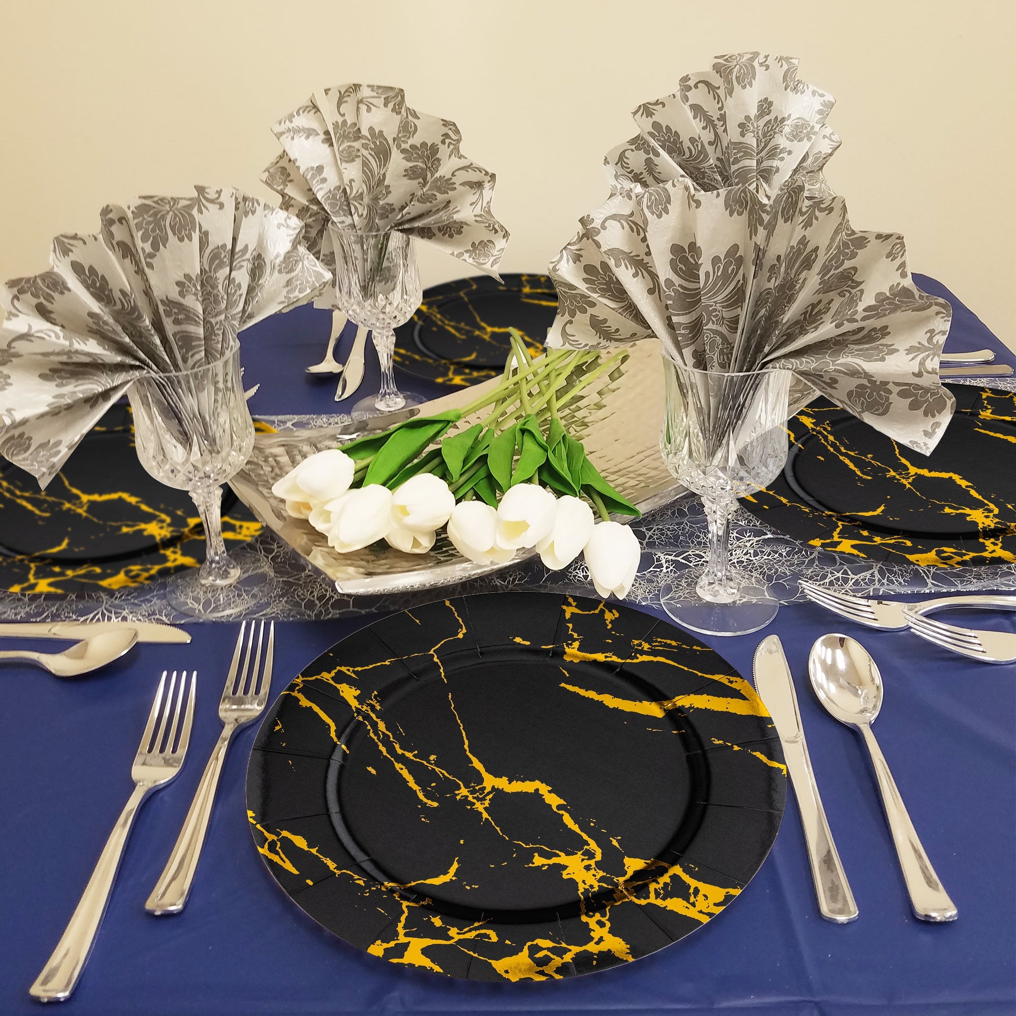 Black with Gold Marble Round Disposable Paper Charger Plates (13")