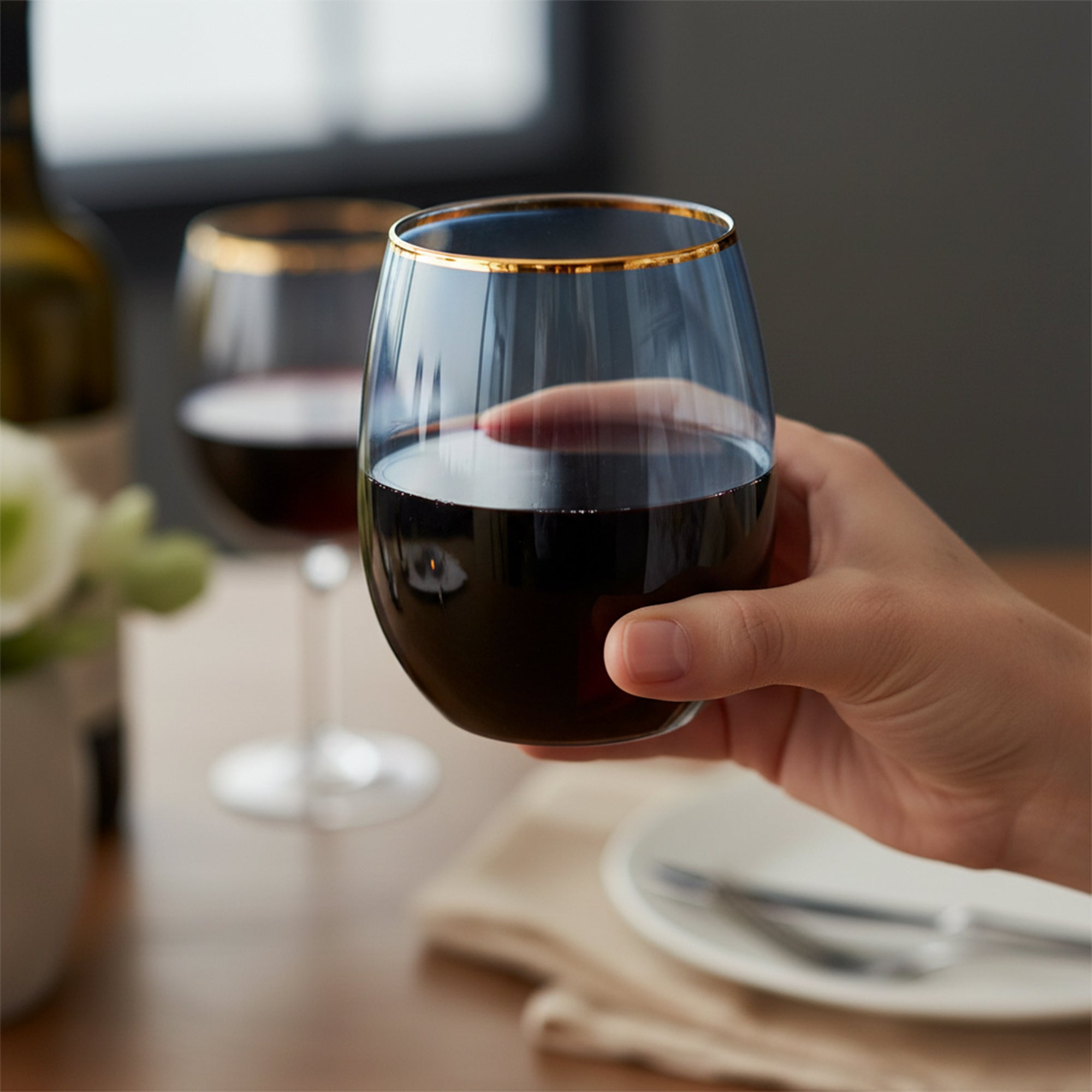 Clear Blue with Gold Elegant Stemless Plastic Wine Glasses (12 oz.)