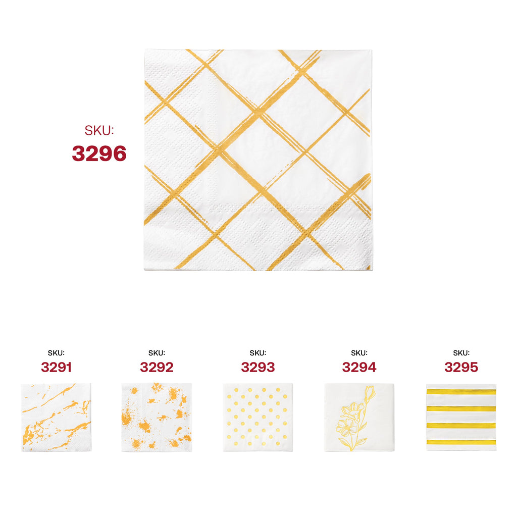 White with Gold Diamond Paper Beverage/Cocktail Napkins