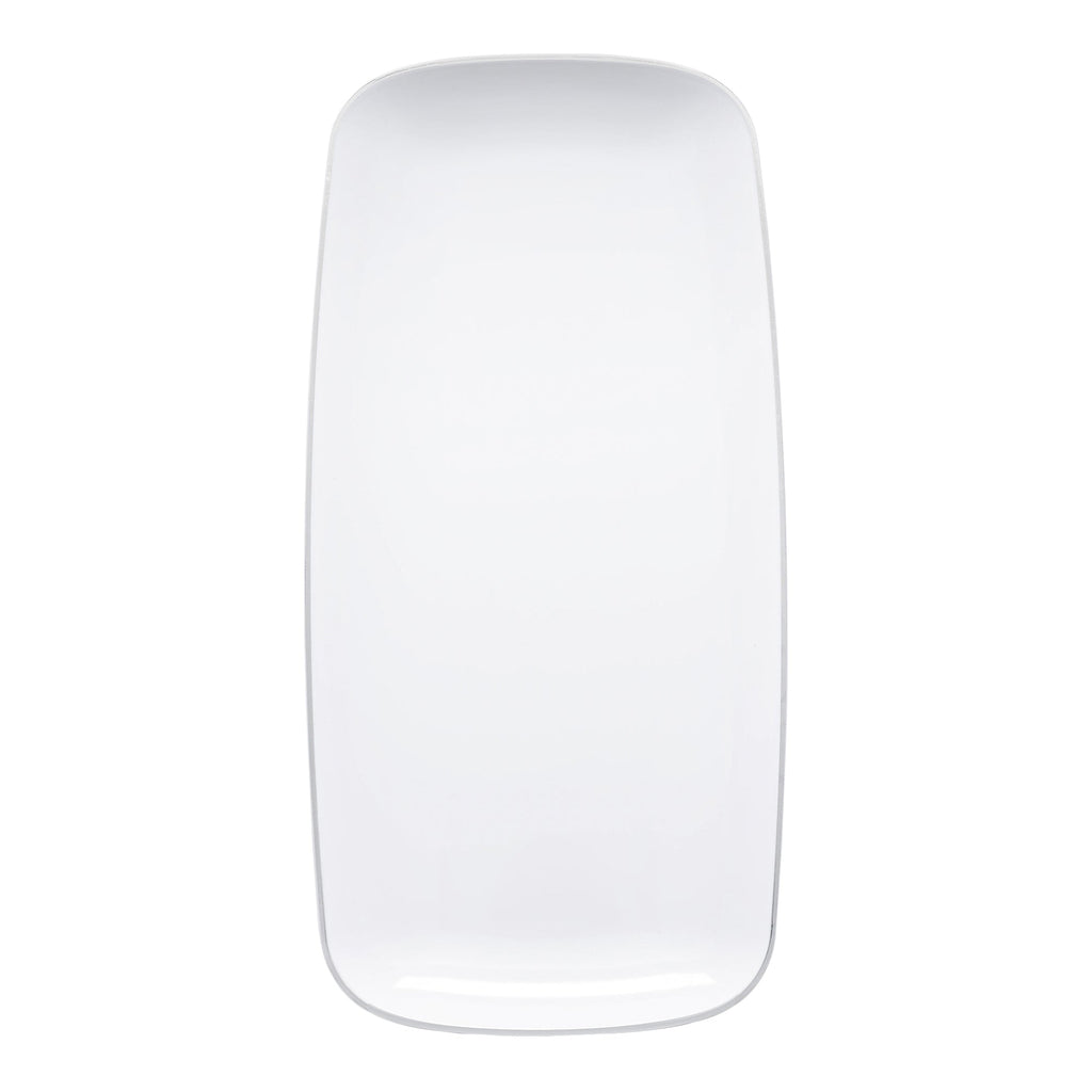 White with Silver Rim Flat Raised Edge Rectangular Disposable Plastic Plates (10.6" x 5")