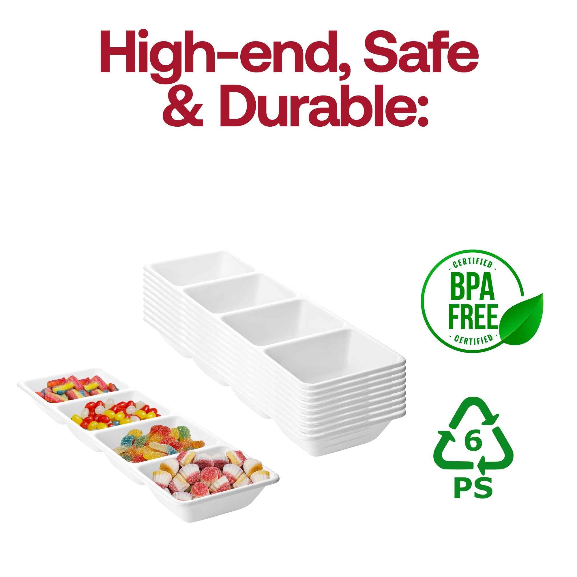 16" x 5" White 4-Section Rectangular Disposable Plastic Trays