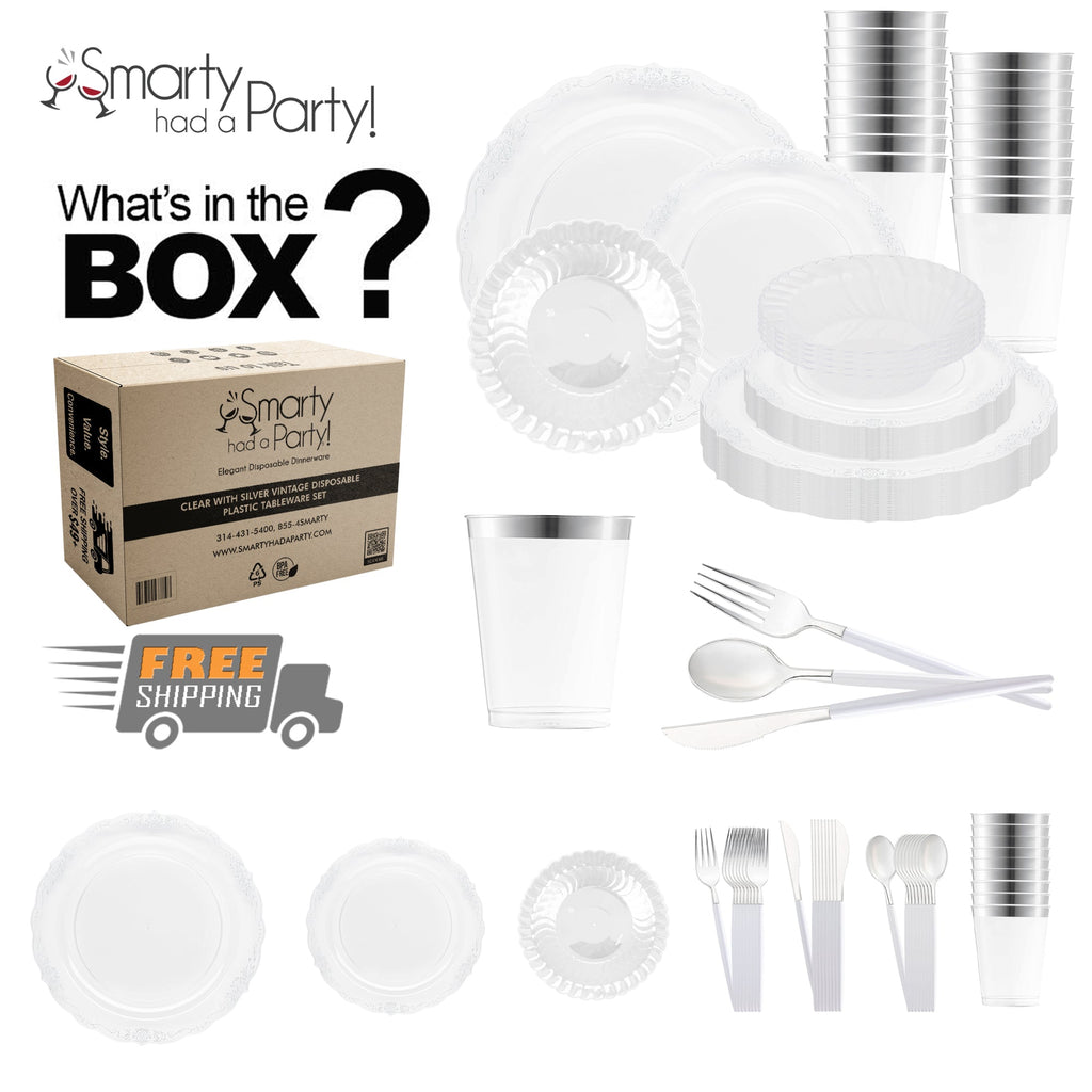 Clear with Silver Vintage Disposable Plastic Tableware Set