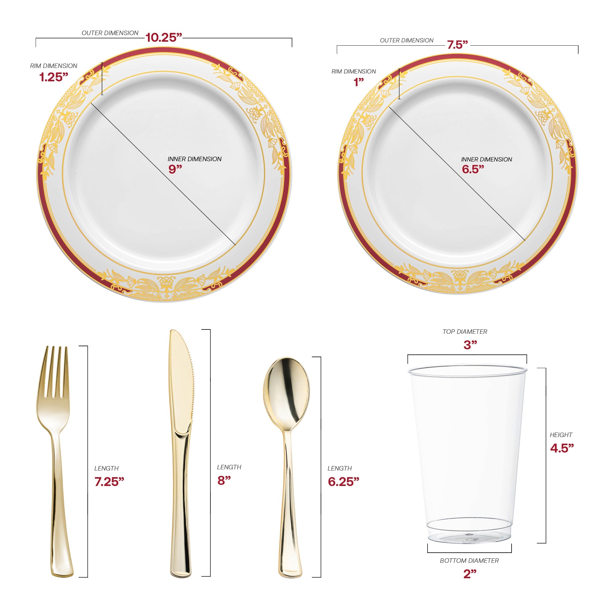 White with Burgundy and Gold Harmony Rim Plastic Wedding Value Set