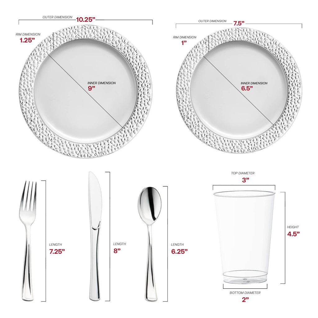 White with Silver Hammered Rim Round Plastic Wedding Value Set