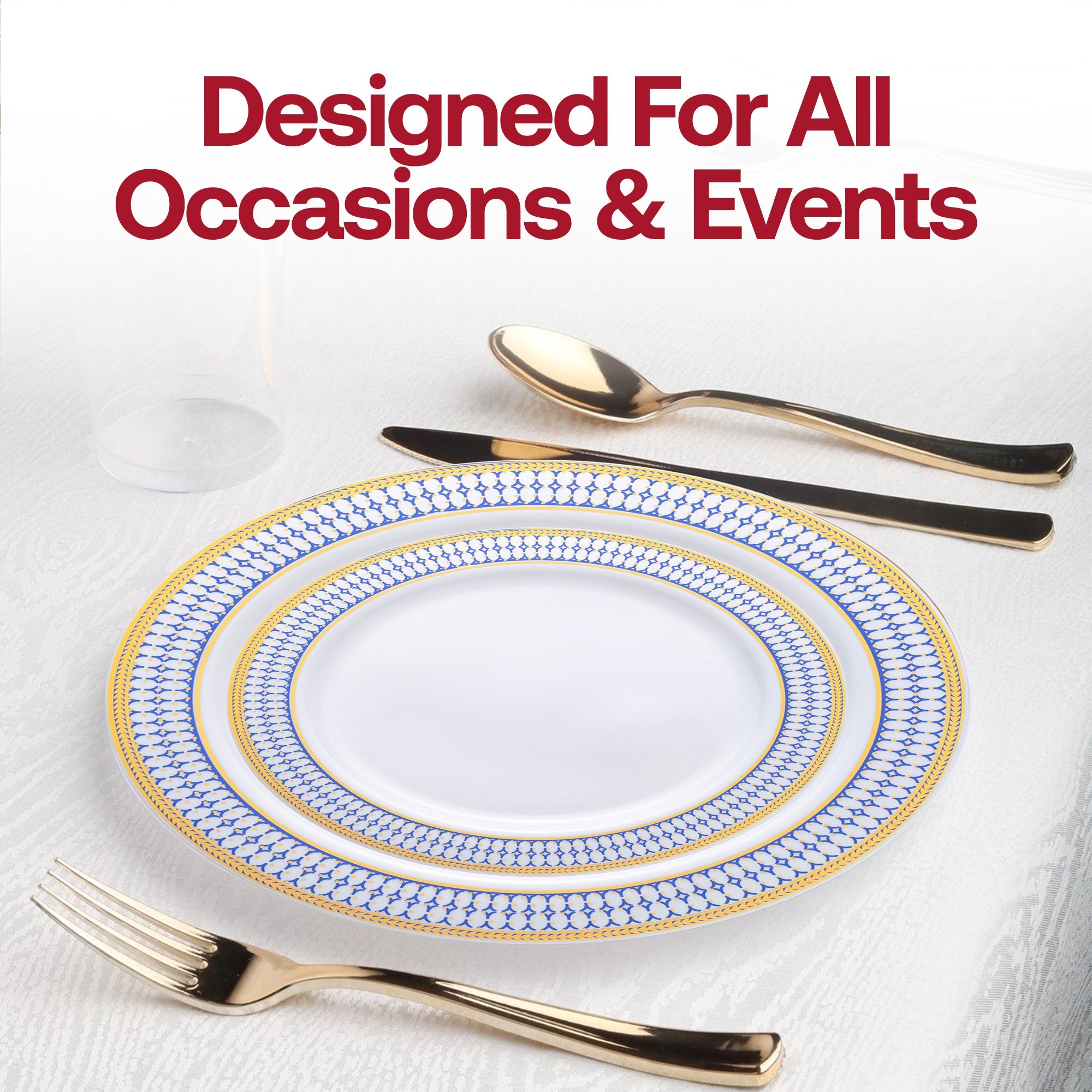 White with Blue and Gold Chord Rim Plastic Wedding Value Set