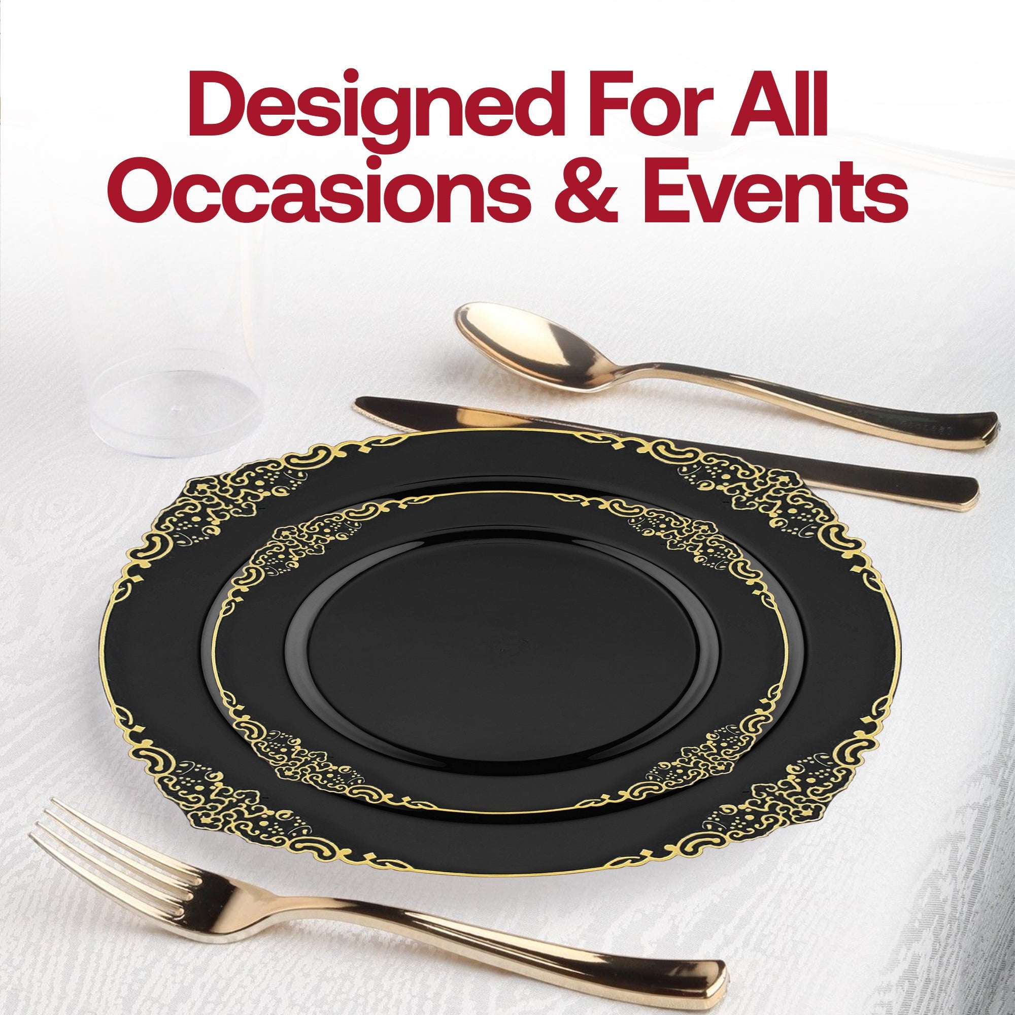 Black with Gold Fancy Round Disposable Plastic Wedding Value Set