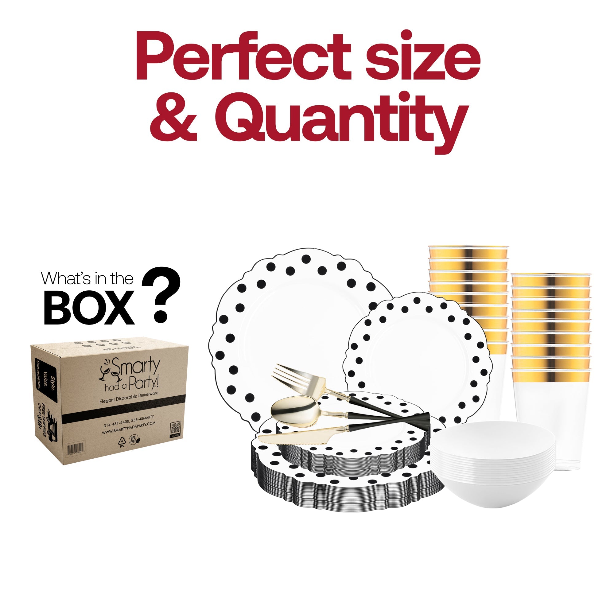 White with Black Blossom Dots Disposable Plastic Tableware Set