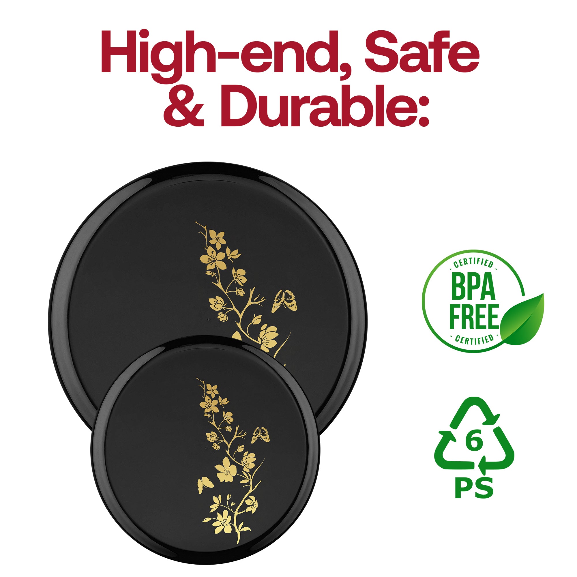 Black with Gold Floral Plastic Dinnerware Value Set