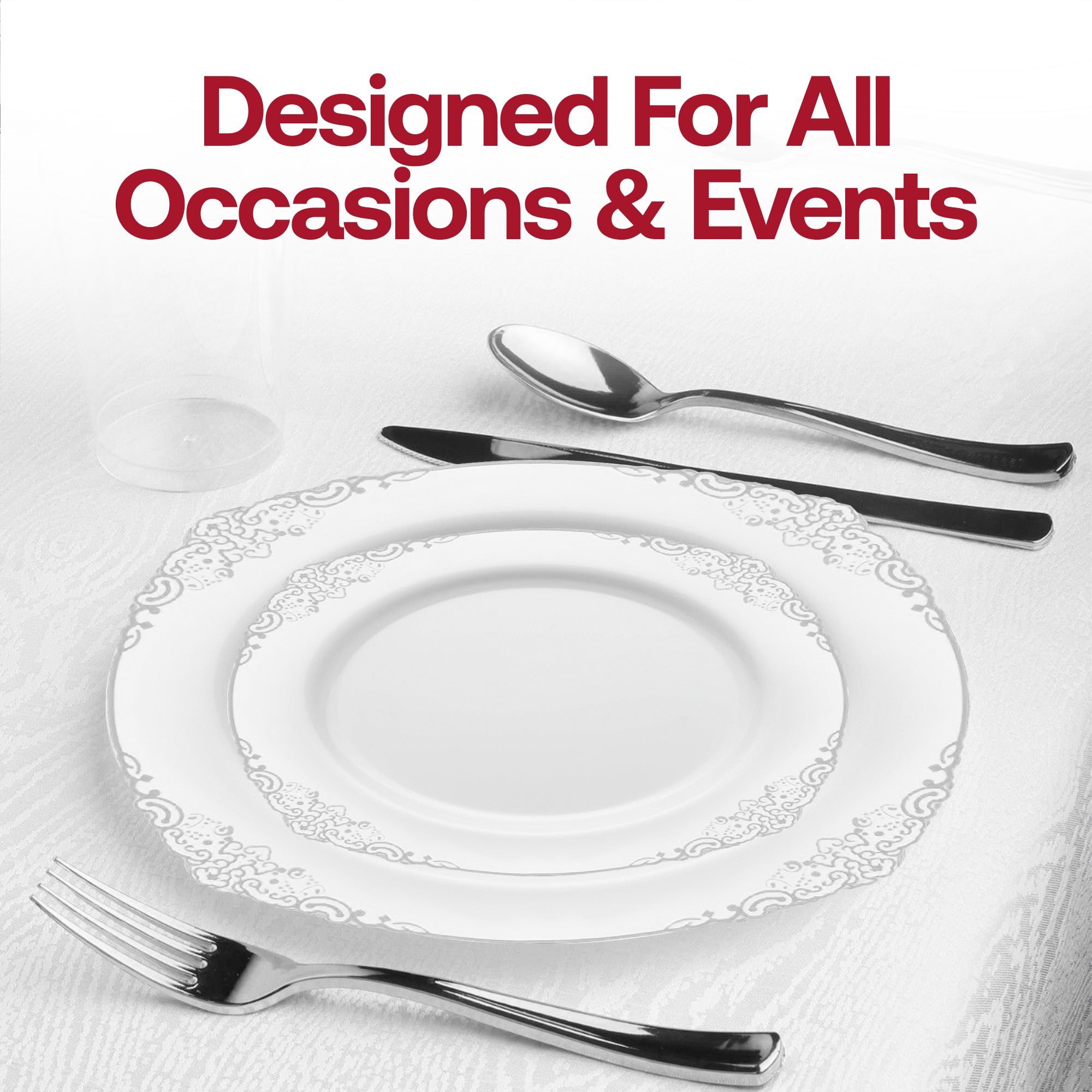 White with Silver Fancy Round Disposable Plastic Wedding Value Set