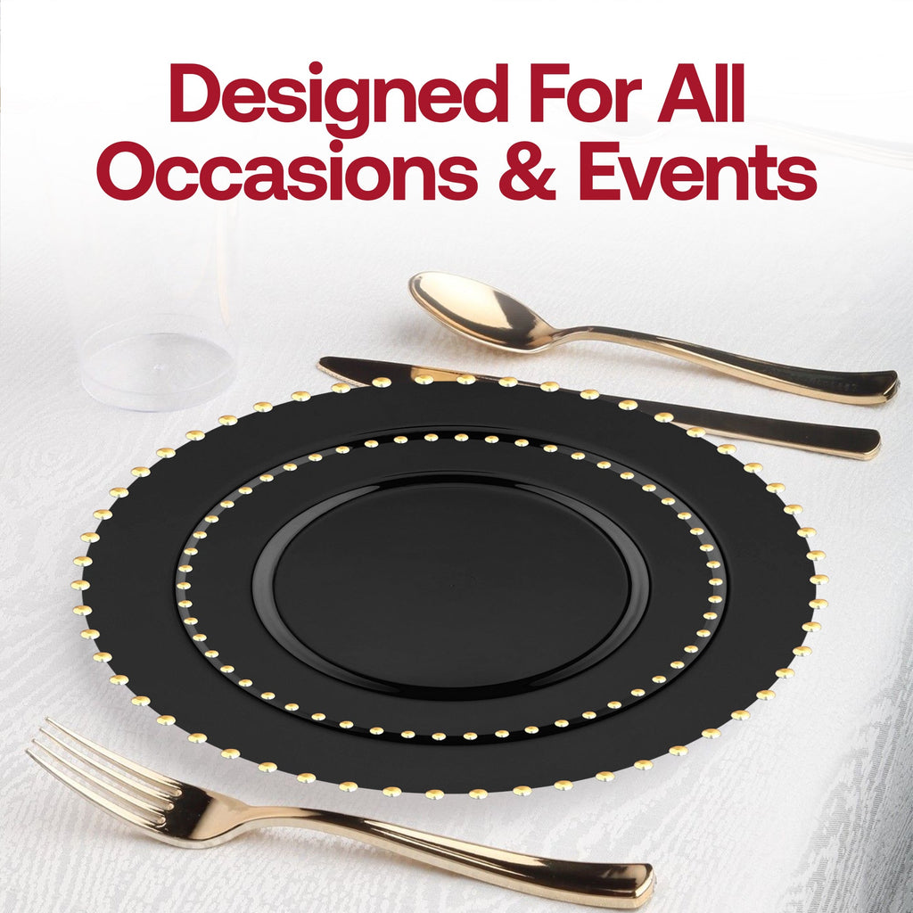 Black with Gold Pearl String Round Disposable Plastic Wedding Value Set