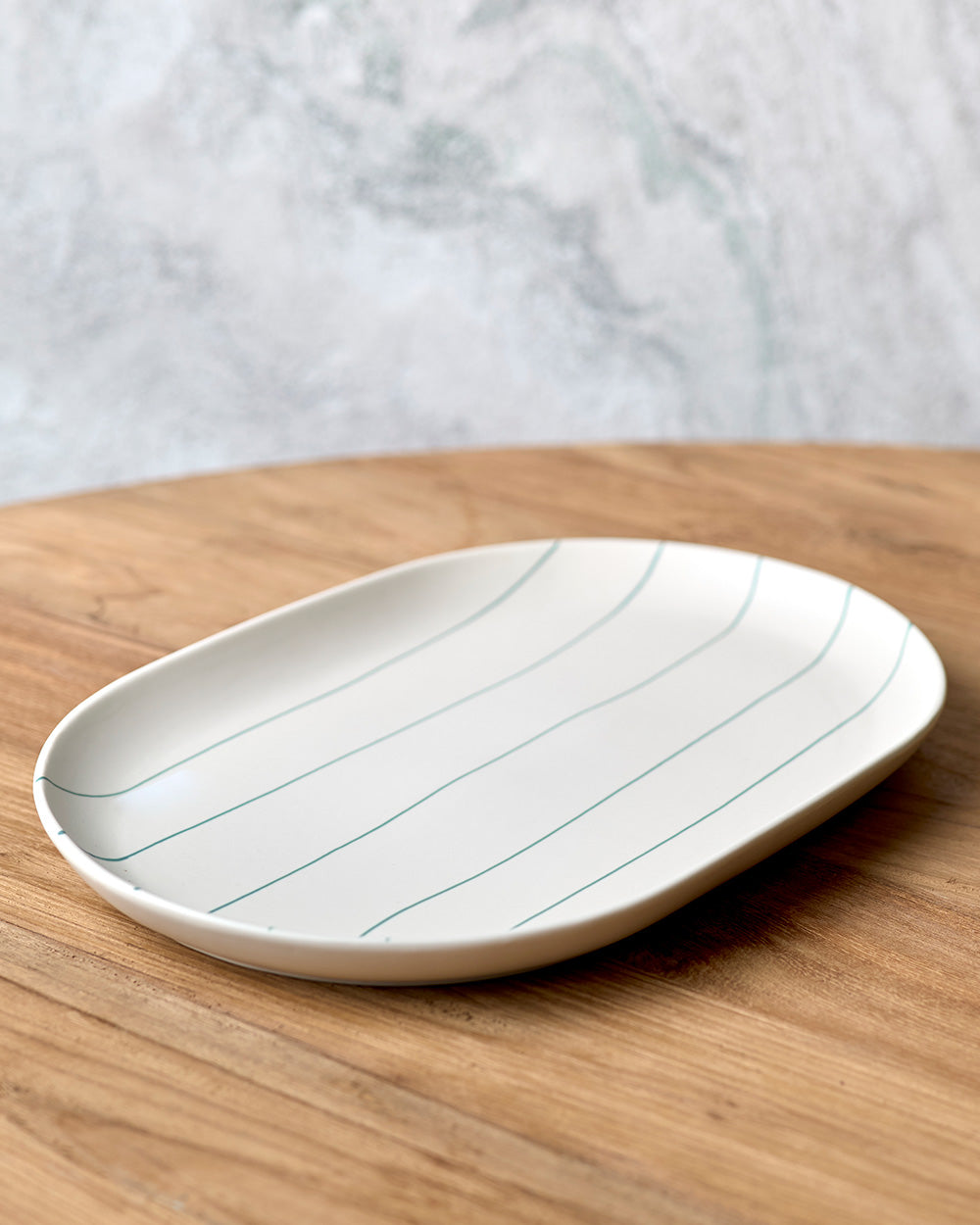 38cm Oval Tray in Cream With Green Stripe / Coastal Junction