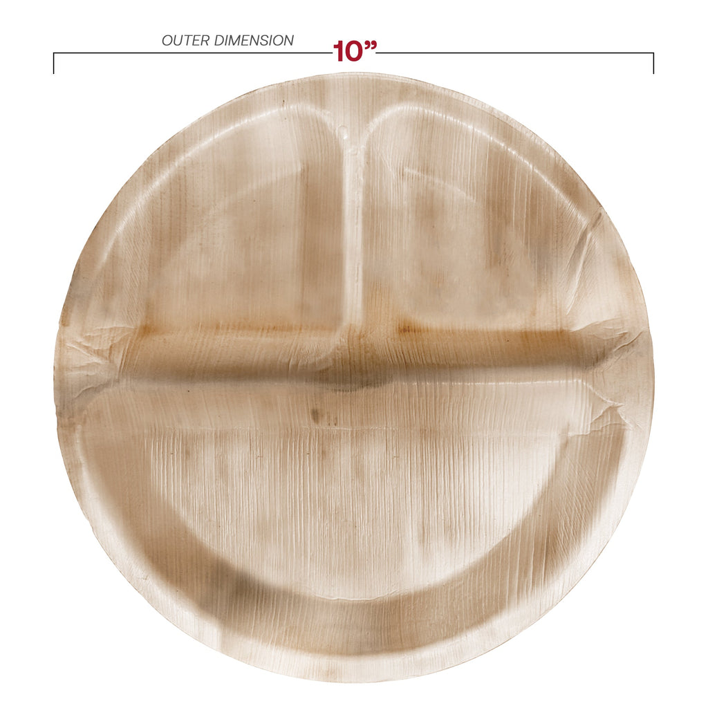Round Palm Leaf 3-Partition Eco Friendly Disposable Dinner Plates (10")