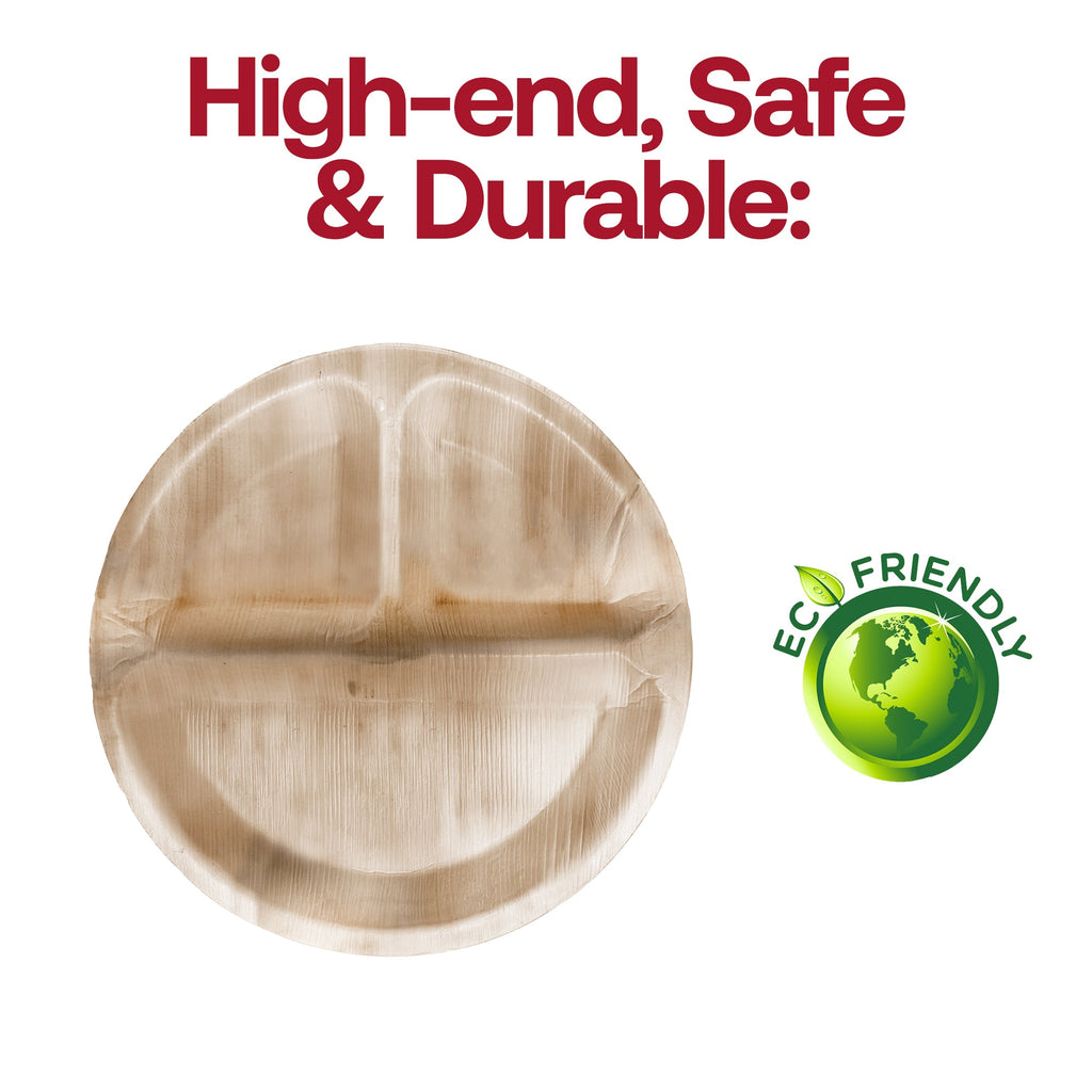 Round Palm Leaf 3-Partition Eco Friendly Disposable Dinner Plates (10")