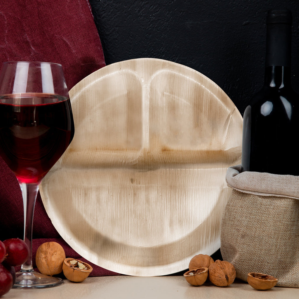 Round Palm Leaf 3-Partition Eco Friendly Disposable Dinner Plates (10")