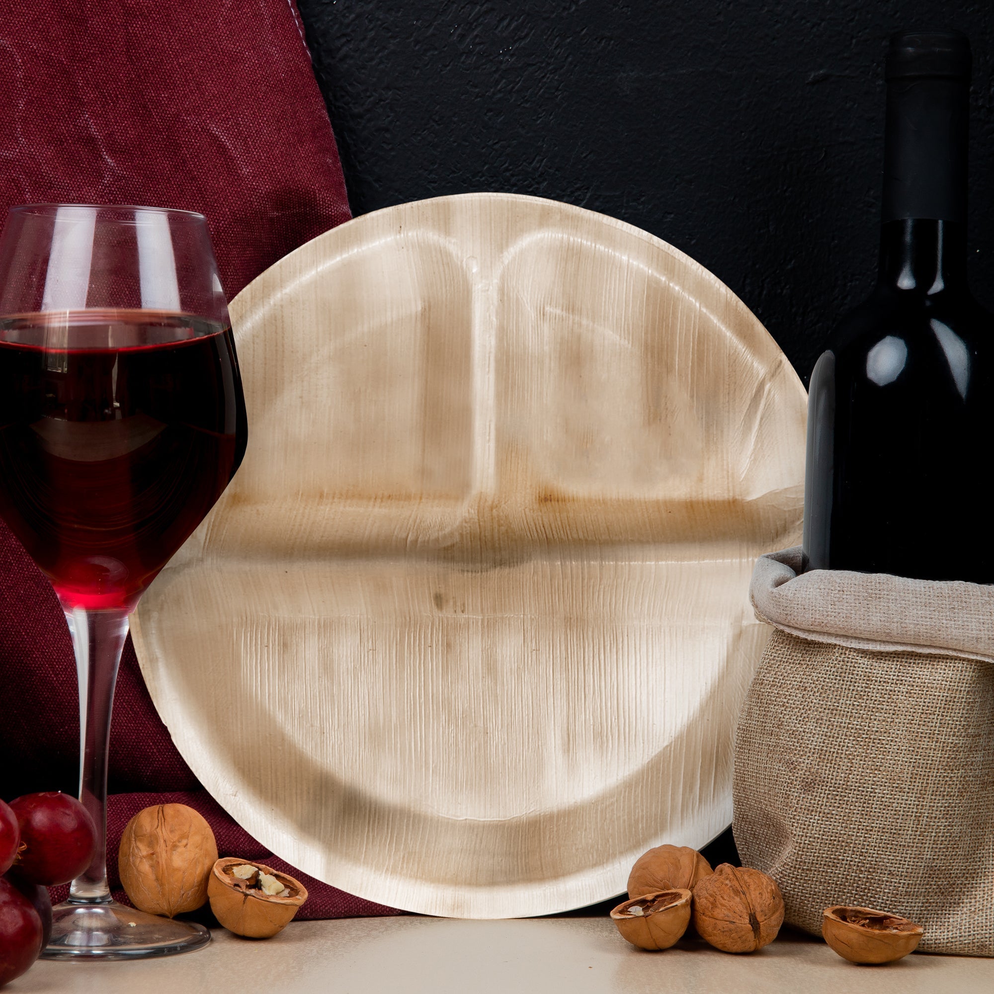 Round Palm Leaf 3-Partition Eco Friendly Disposable Dinner Plates (10")